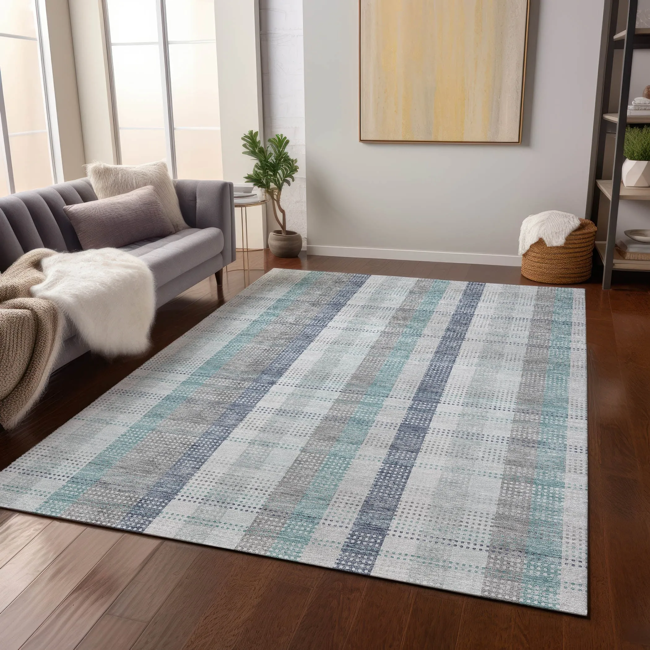 Machine Washable Indoor/ Outdoor Modern Plaid Chantille Rug