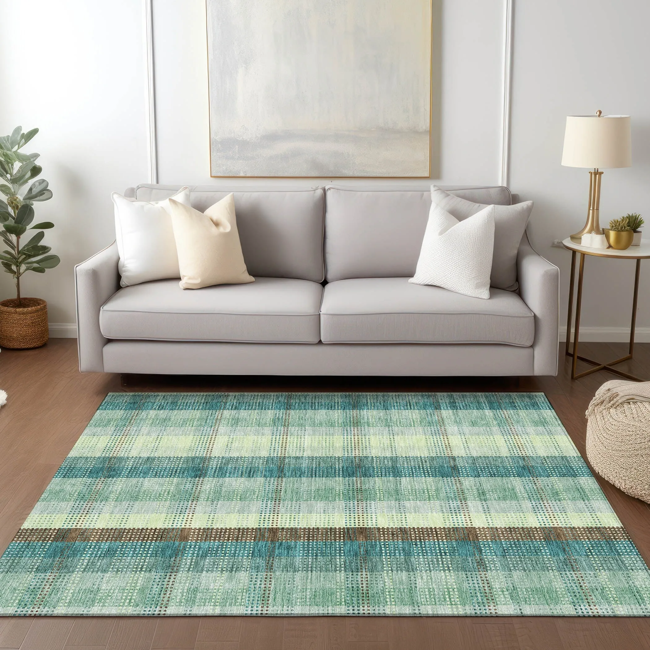 Machine Washable Indoor/ Outdoor Modern Plaid Chantille Rug