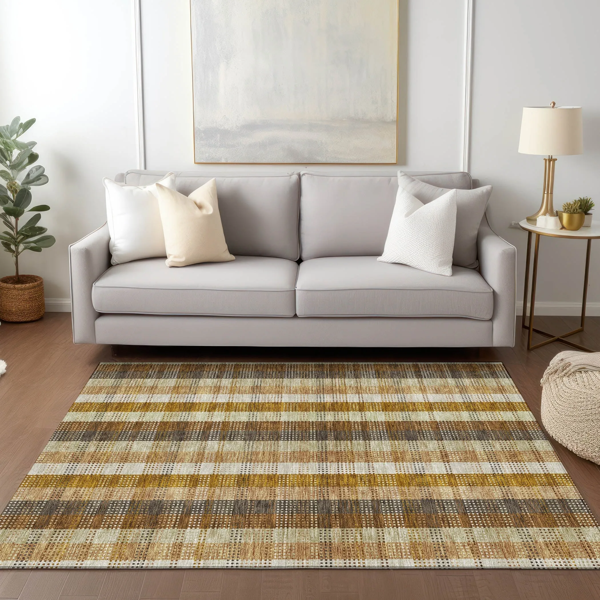Machine Washable Indoor/ Outdoor Modern Plaid Chantille Rug