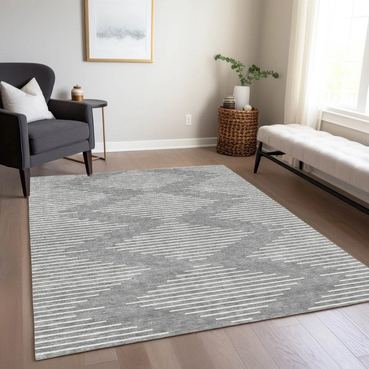 Machine Washable Indoor/ Outdoor Modern Stripe Chantille Rug