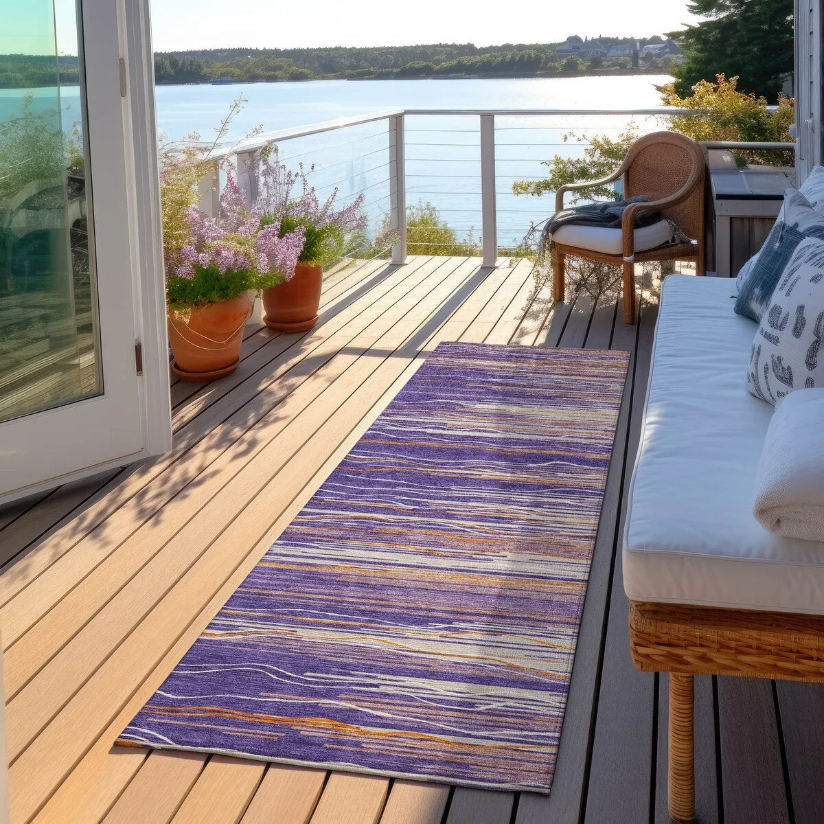 Machine Washable Indoor/ Outdoor Modern Stripe Chantille Rug