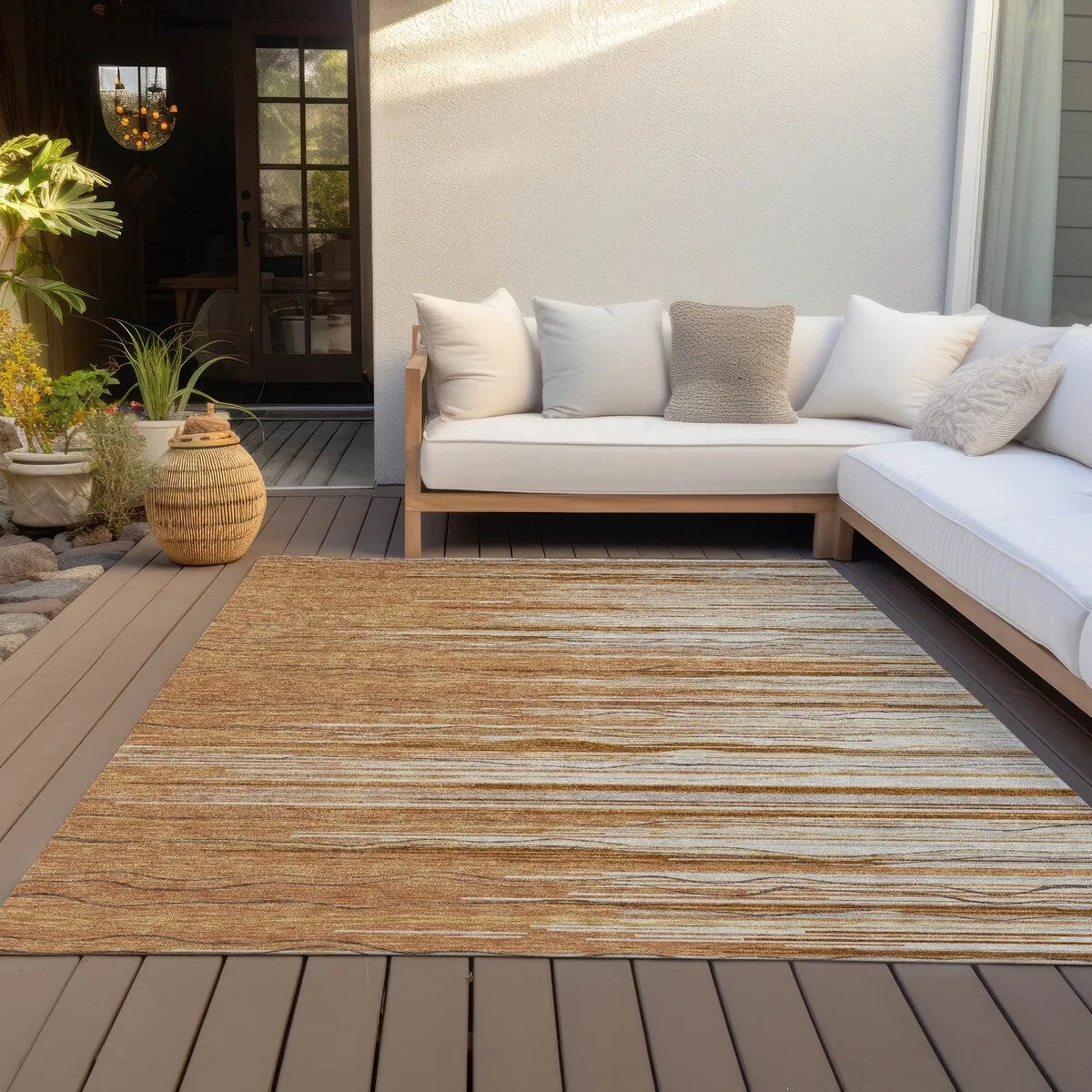 Machine Washable Indoor/ Outdoor Modern Stripe Chantille Rug