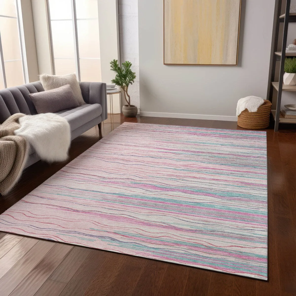 Machine Washable Indoor/ Outdoor Modern Stripe Chantille Rug