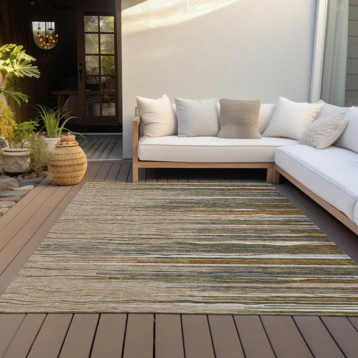 Machine Washable Indoor/ Outdoor Modern Stripe Chantille Rug