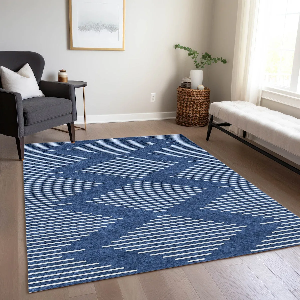 Machine Washable Indoor/ Outdoor Modern Stripe Chantille Rug