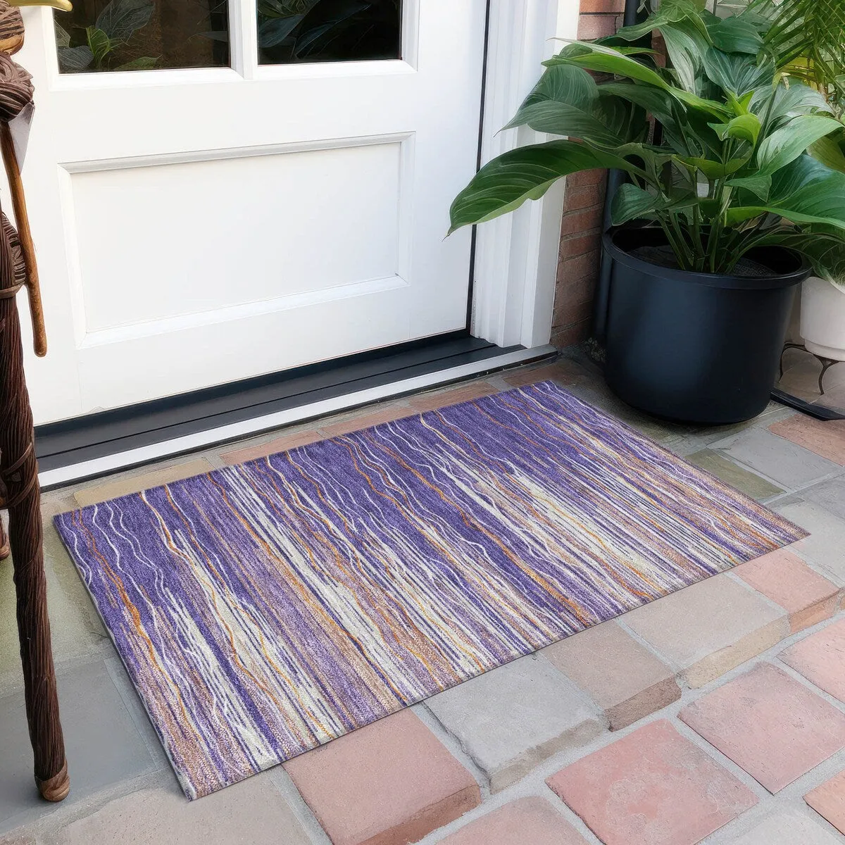 Machine Washable Indoor/ Outdoor Modern Stripe Chantille Rug