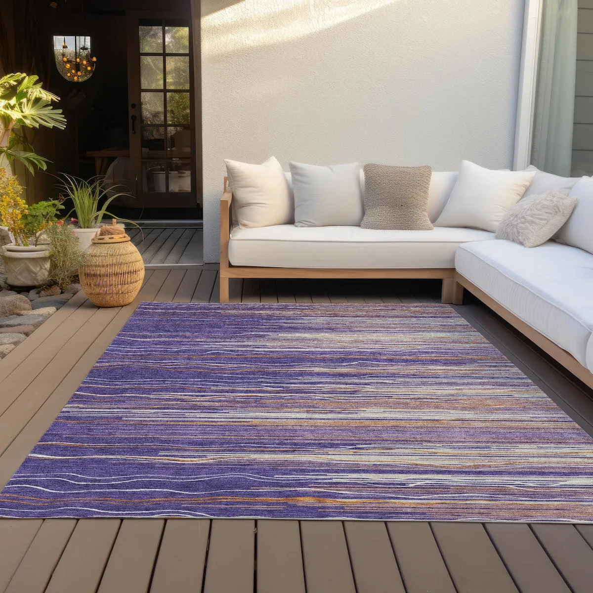 Machine Washable Indoor/ Outdoor Modern Stripe Chantille Rug