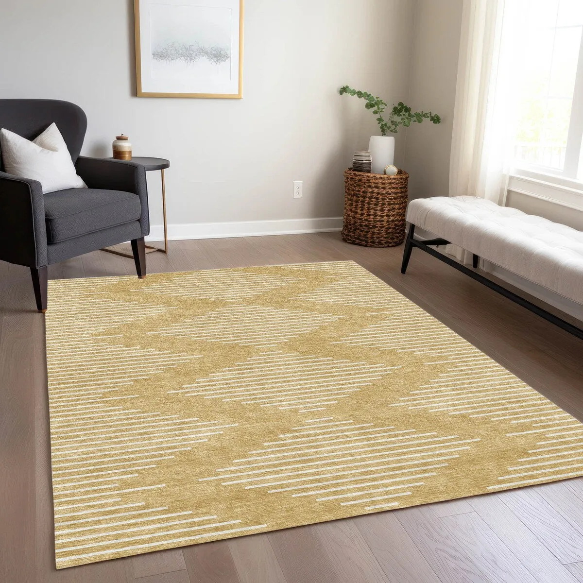 Machine Washable Indoor/ Outdoor Modern Stripe Chantille Rug