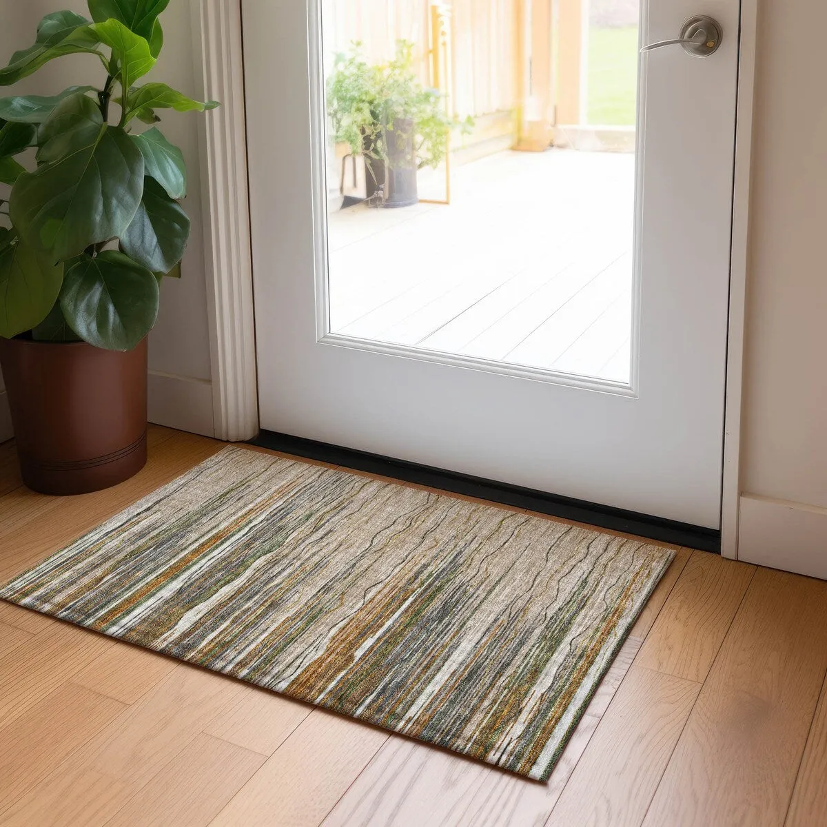 Machine Washable Indoor/ Outdoor Modern Stripe Chantille Rug