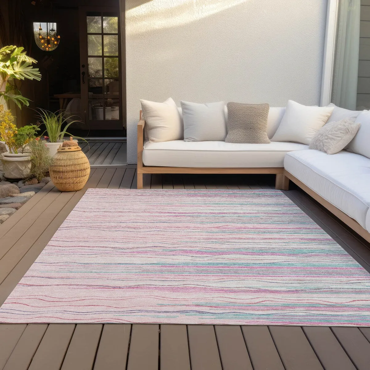 Machine Washable Indoor/ Outdoor Modern Stripe Chantille Rug