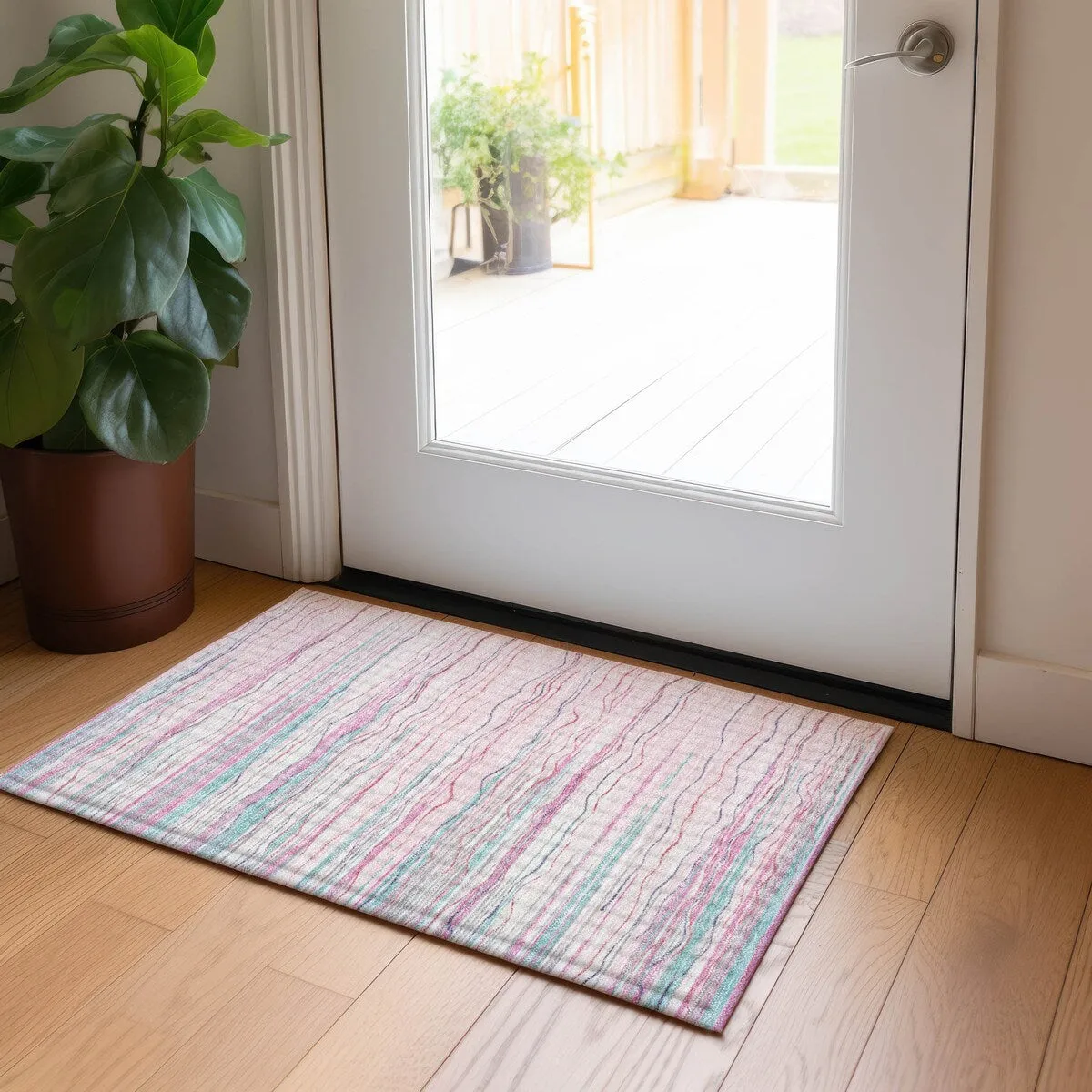Machine Washable Indoor/ Outdoor Modern Stripe Chantille Rug