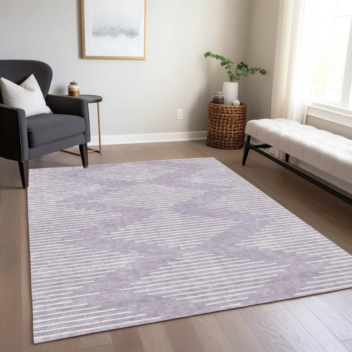 Machine Washable Indoor/ Outdoor Modern Stripe Chantille Rug