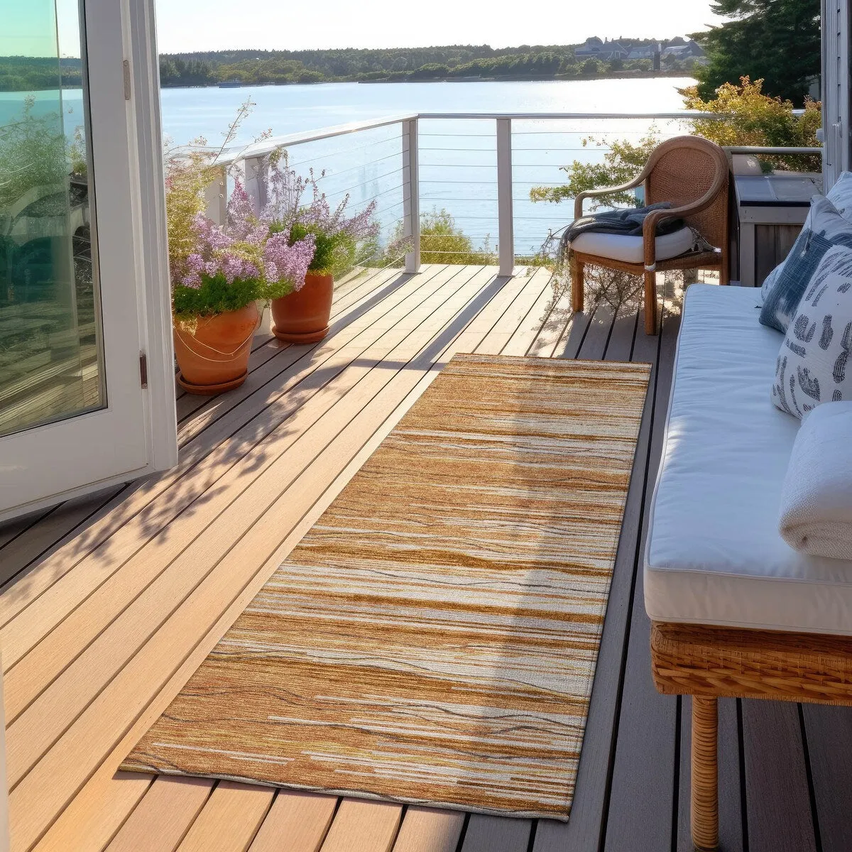 Machine Washable Indoor/ Outdoor Modern Stripe Chantille Rug