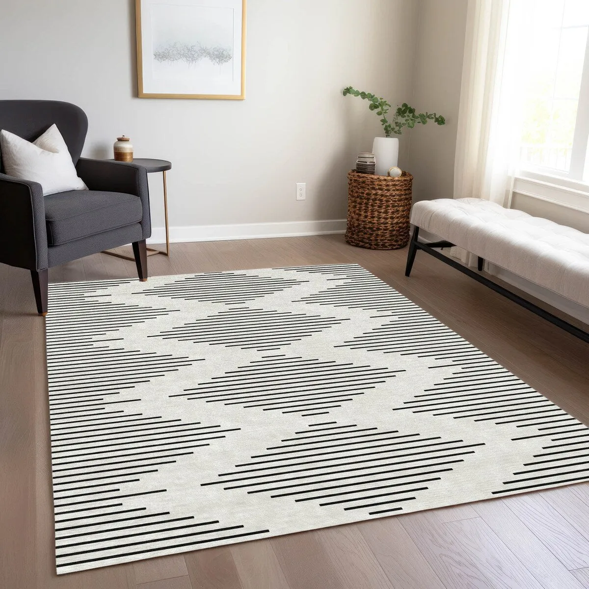Machine Washable Indoor/ Outdoor Modern Stripe Chantille Rug