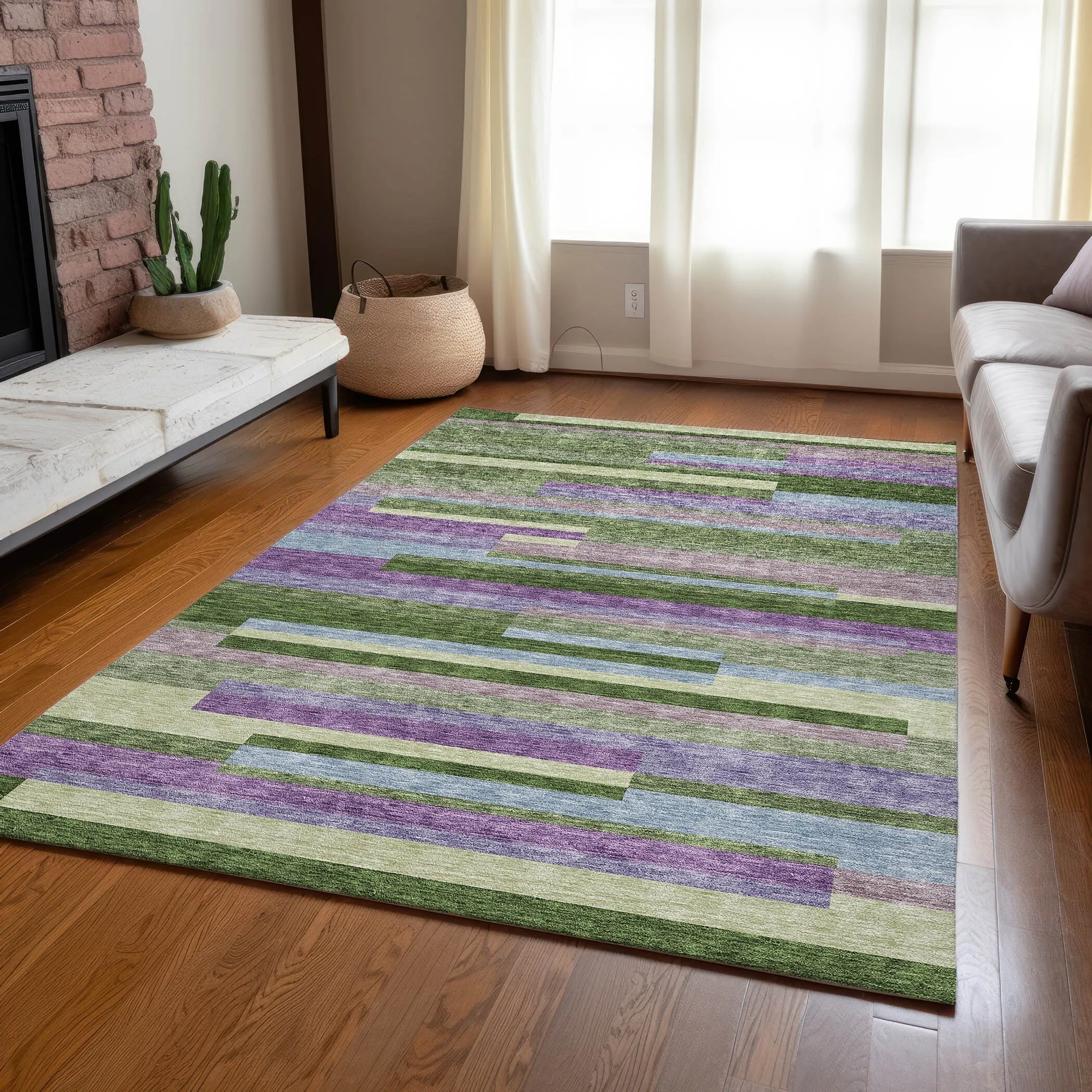 Machine Washable Indoor/ Outdoor Modern Stripes Chantille Rug