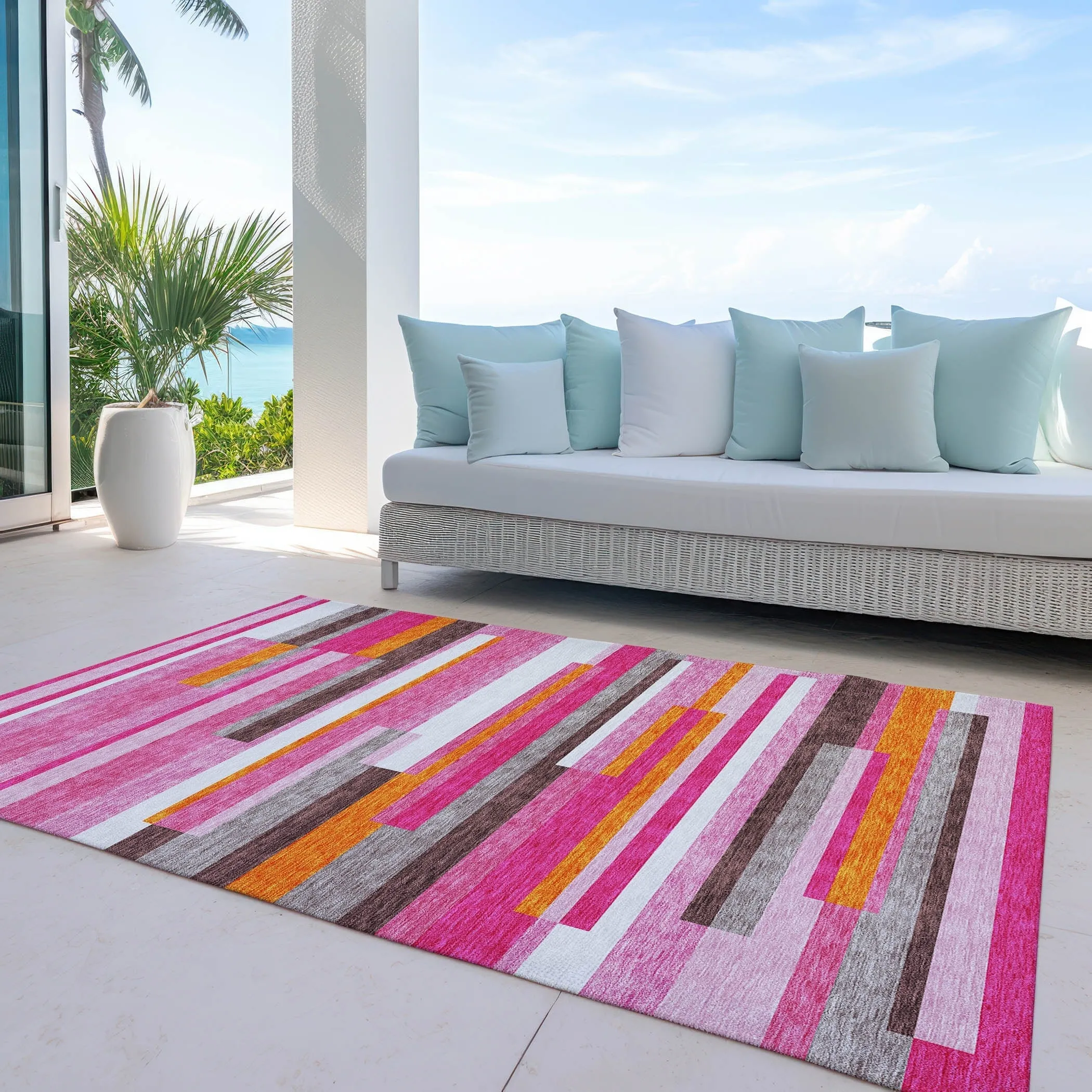 Machine Washable Indoor/ Outdoor Modern Stripes Chantille Rug