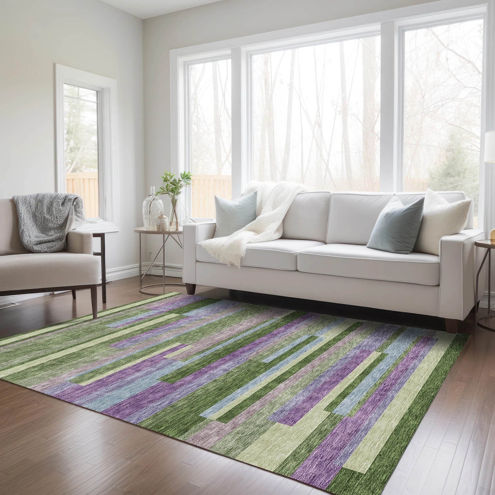 Machine Washable Indoor/ Outdoor Modern Stripes Chantille Rug