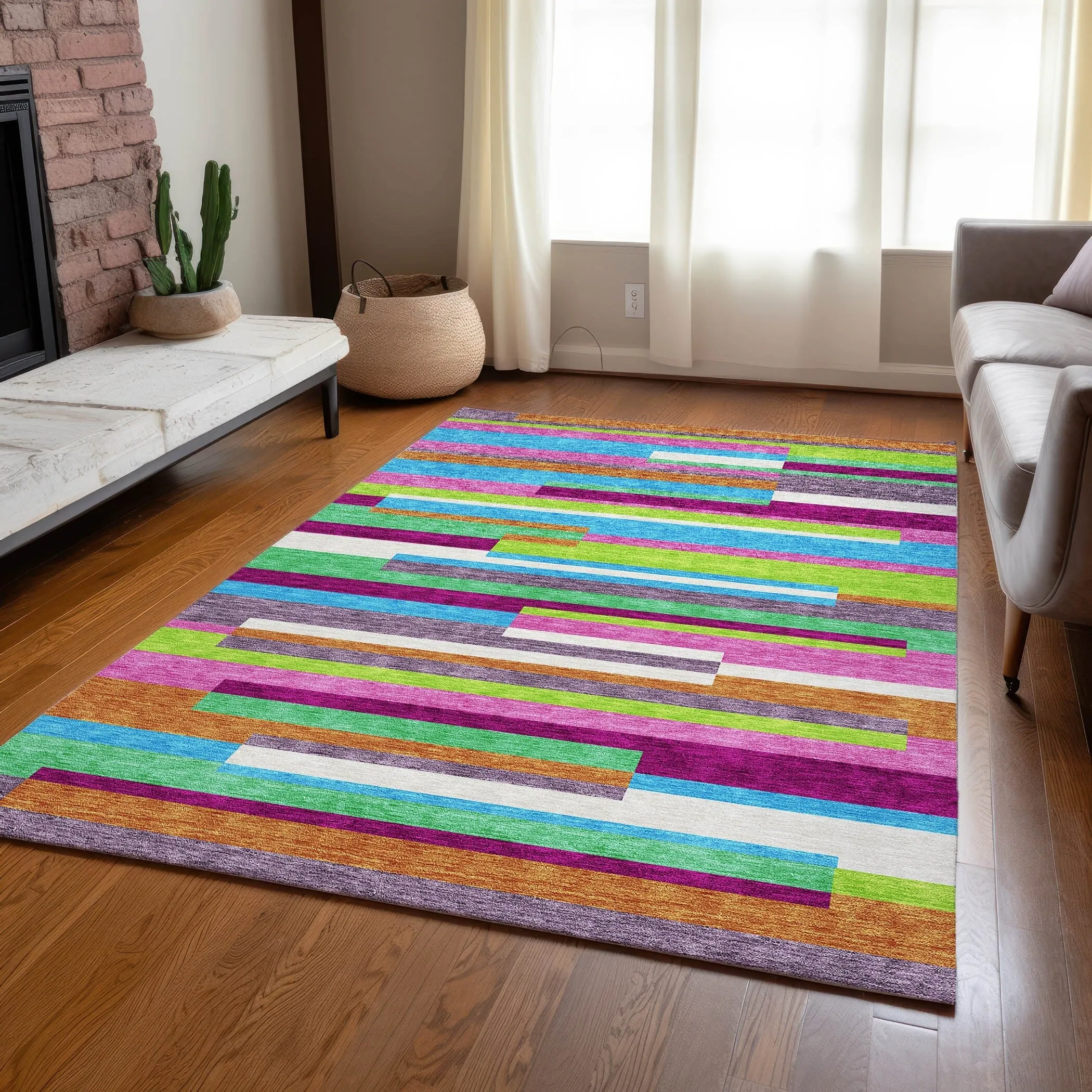 Machine Washable Indoor/ Outdoor Modern Stripes Chantille Rug