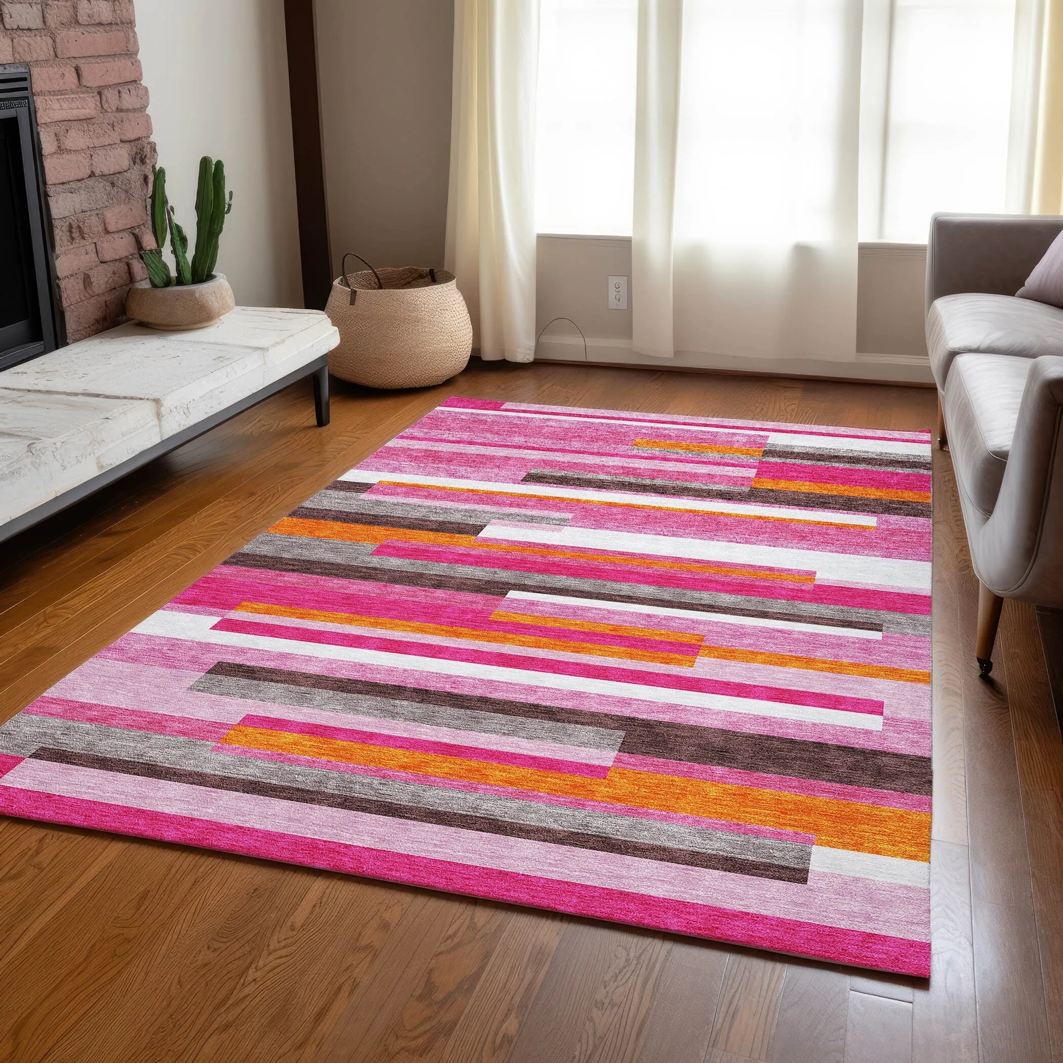 Machine Washable Indoor/ Outdoor Modern Stripes Chantille Rug