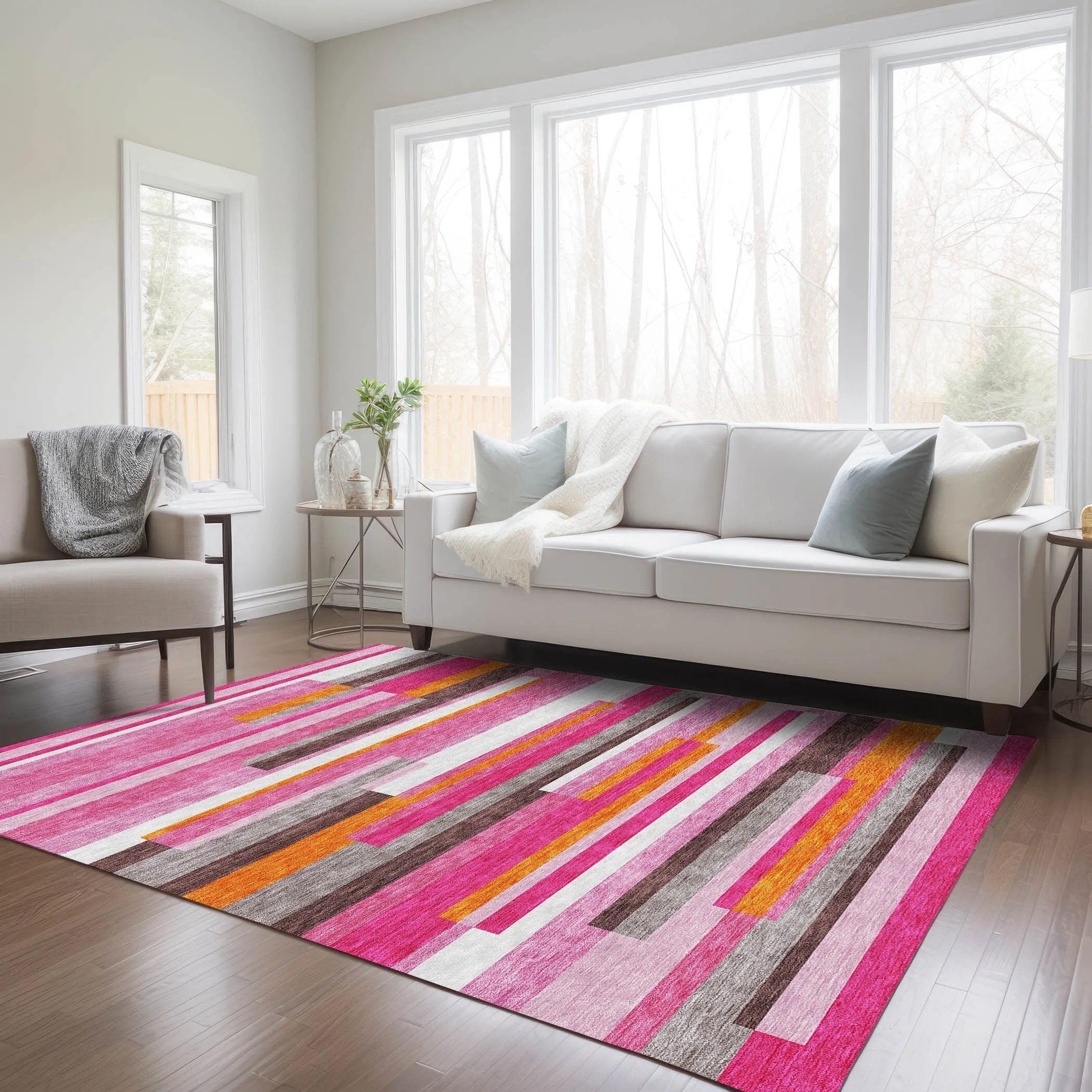 Machine Washable Indoor/ Outdoor Modern Stripes Chantille Rug