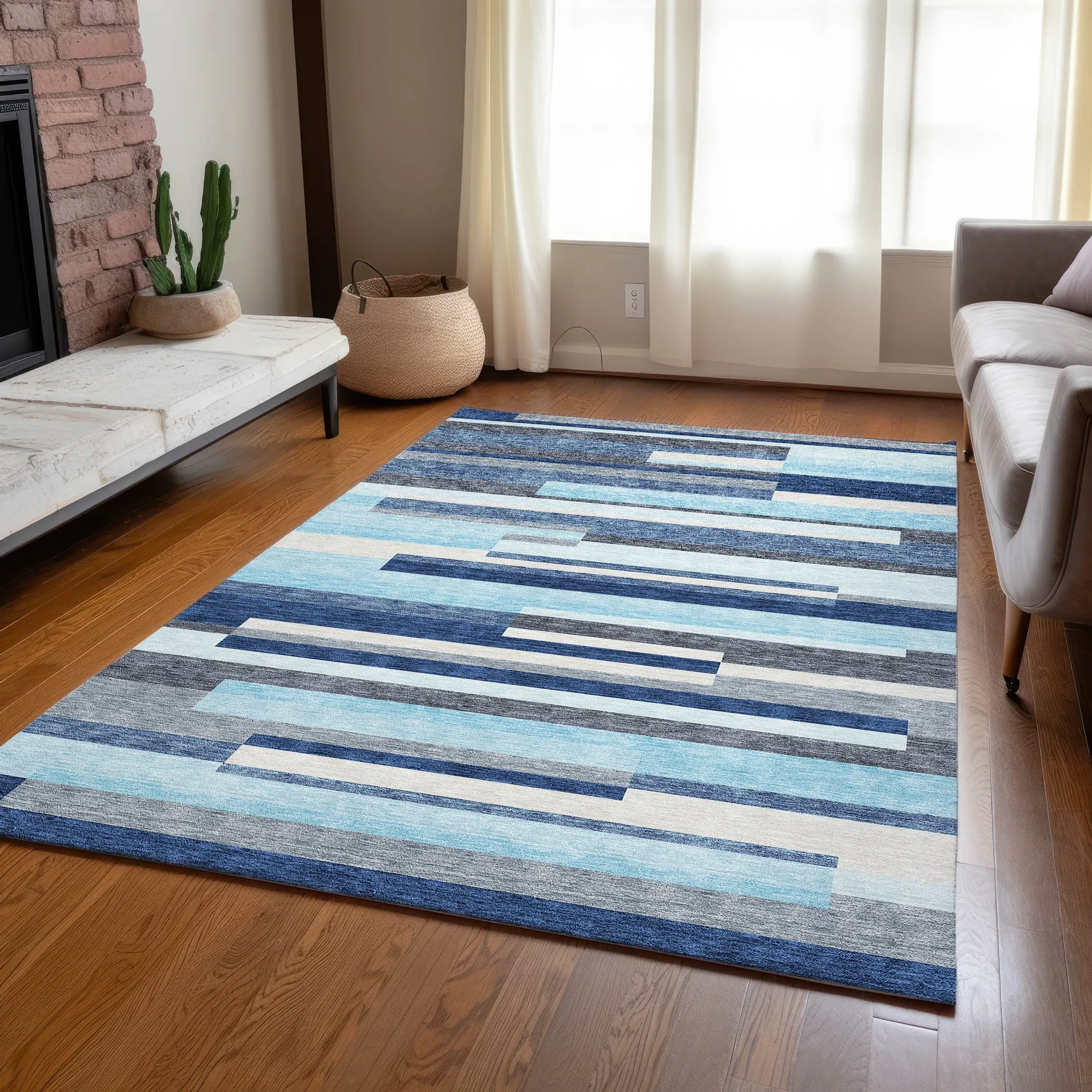 Machine Washable Indoor/ Outdoor Modern Stripes Chantille Rug