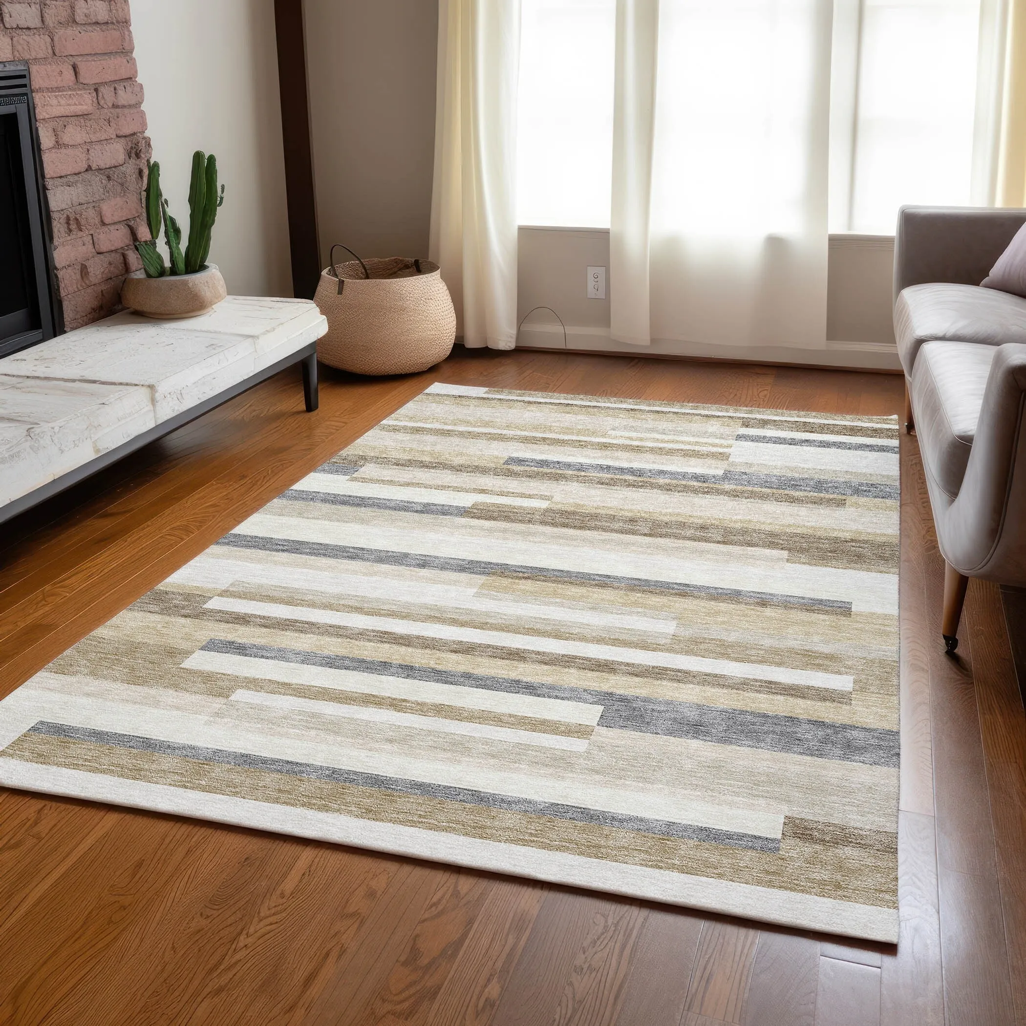 Machine Washable Indoor/ Outdoor Modern Stripes Chantille Rug