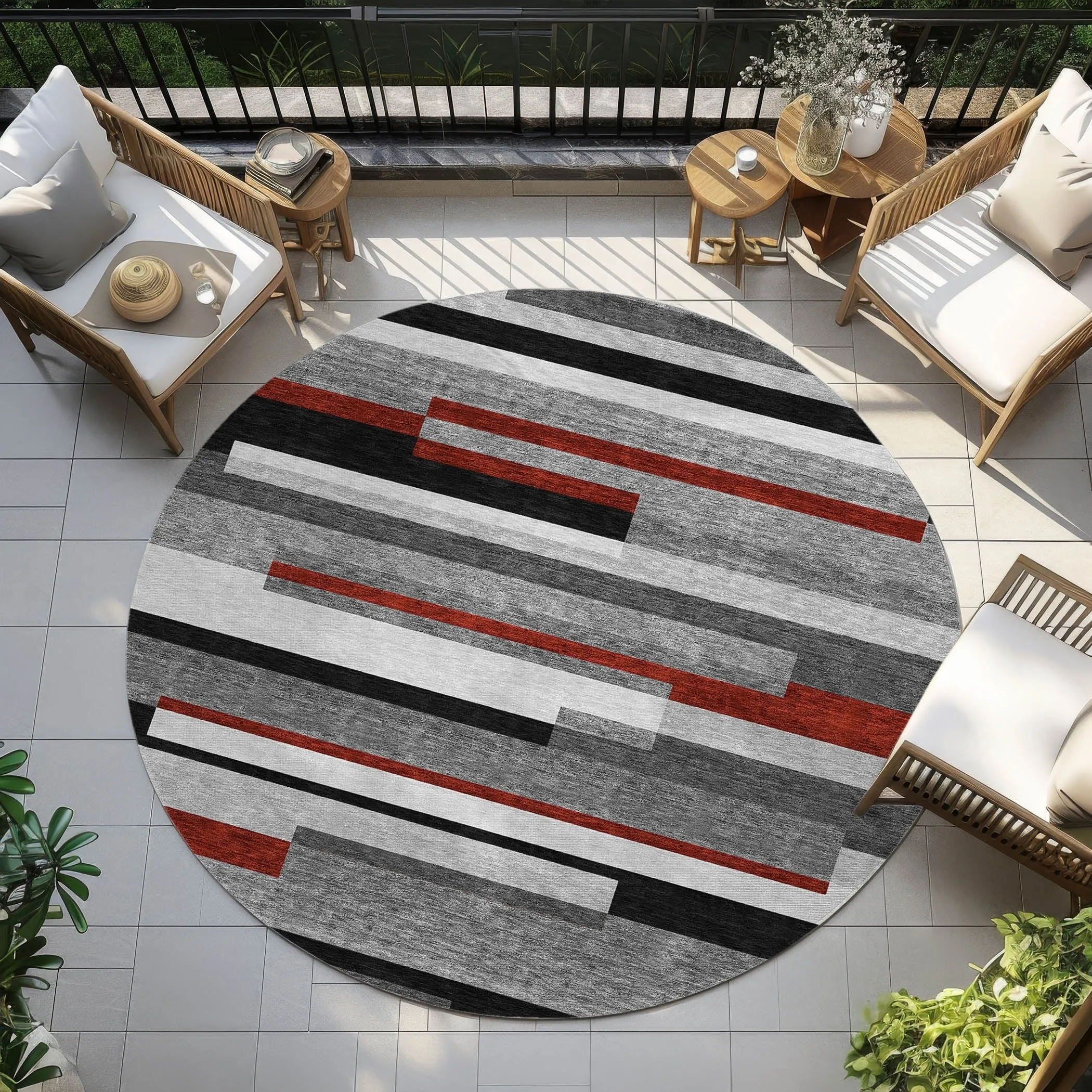 Machine Washable Indoor/ Outdoor Modern Stripes Chantille Rug