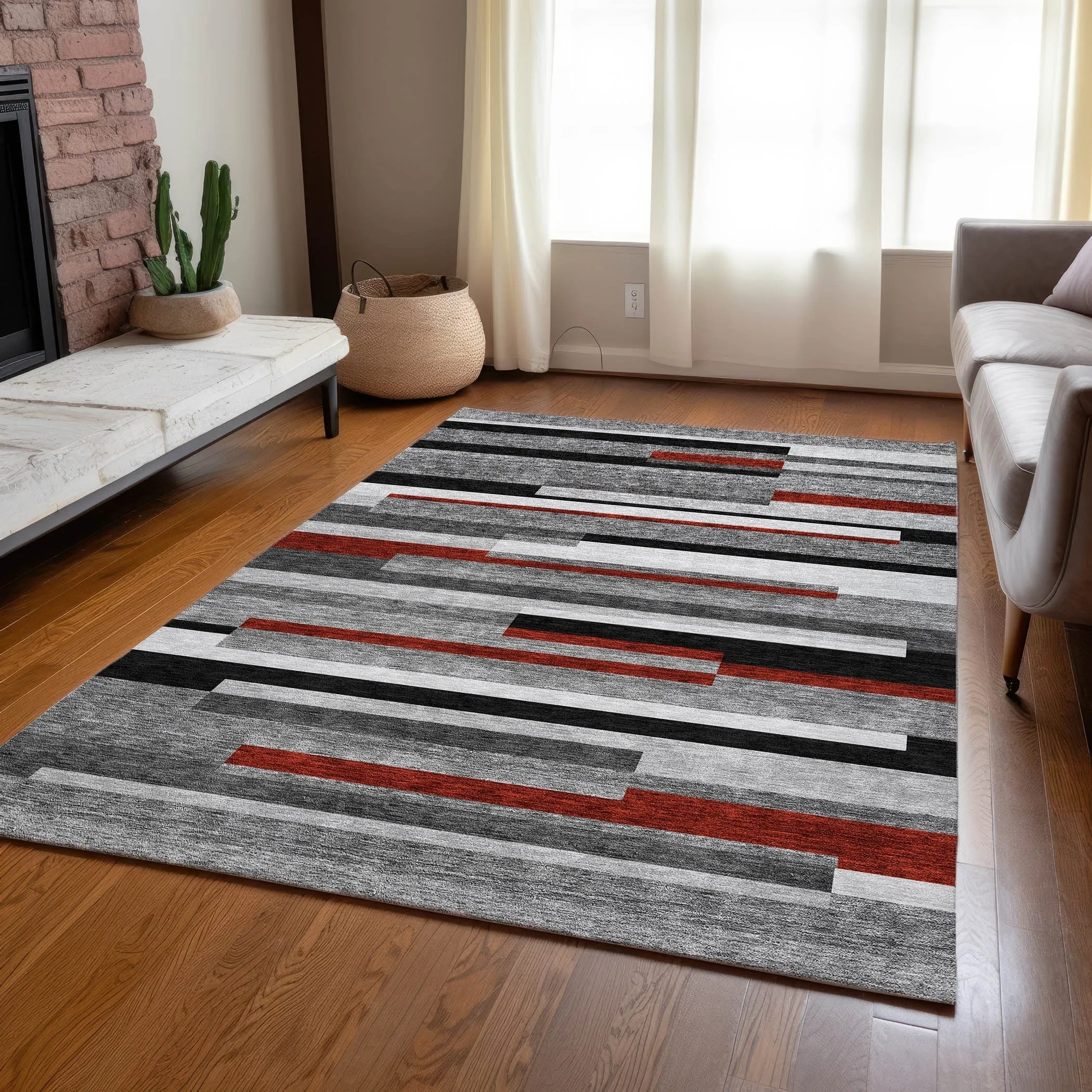 Machine Washable Indoor/ Outdoor Modern Stripes Chantille Rug