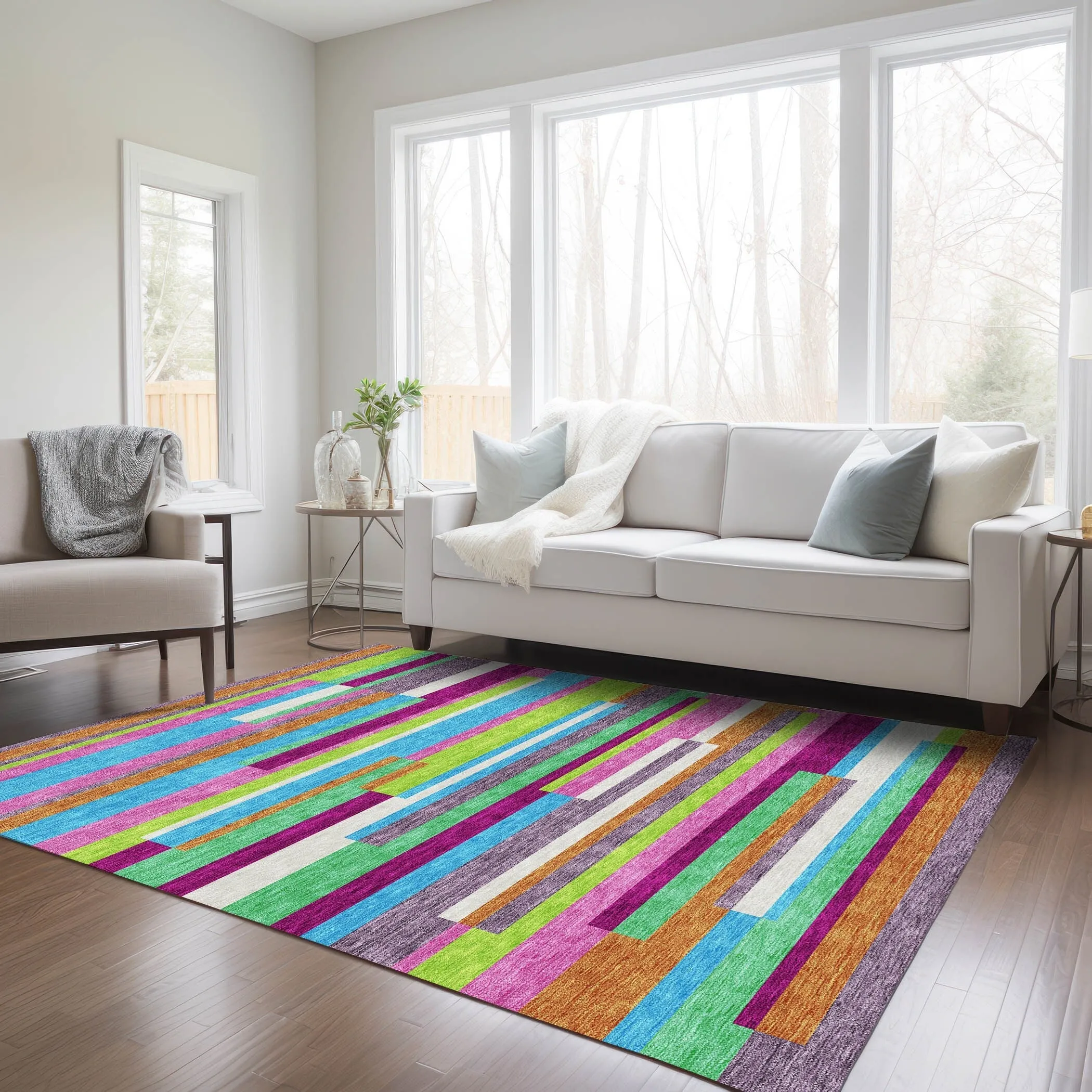 Machine Washable Indoor/ Outdoor Modern Stripes Chantille Rug