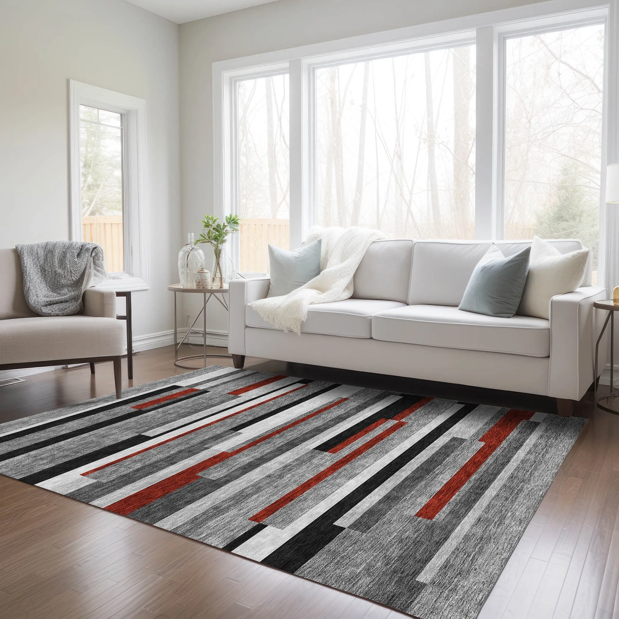 Machine Washable Indoor/ Outdoor Modern Stripes Chantille Rug