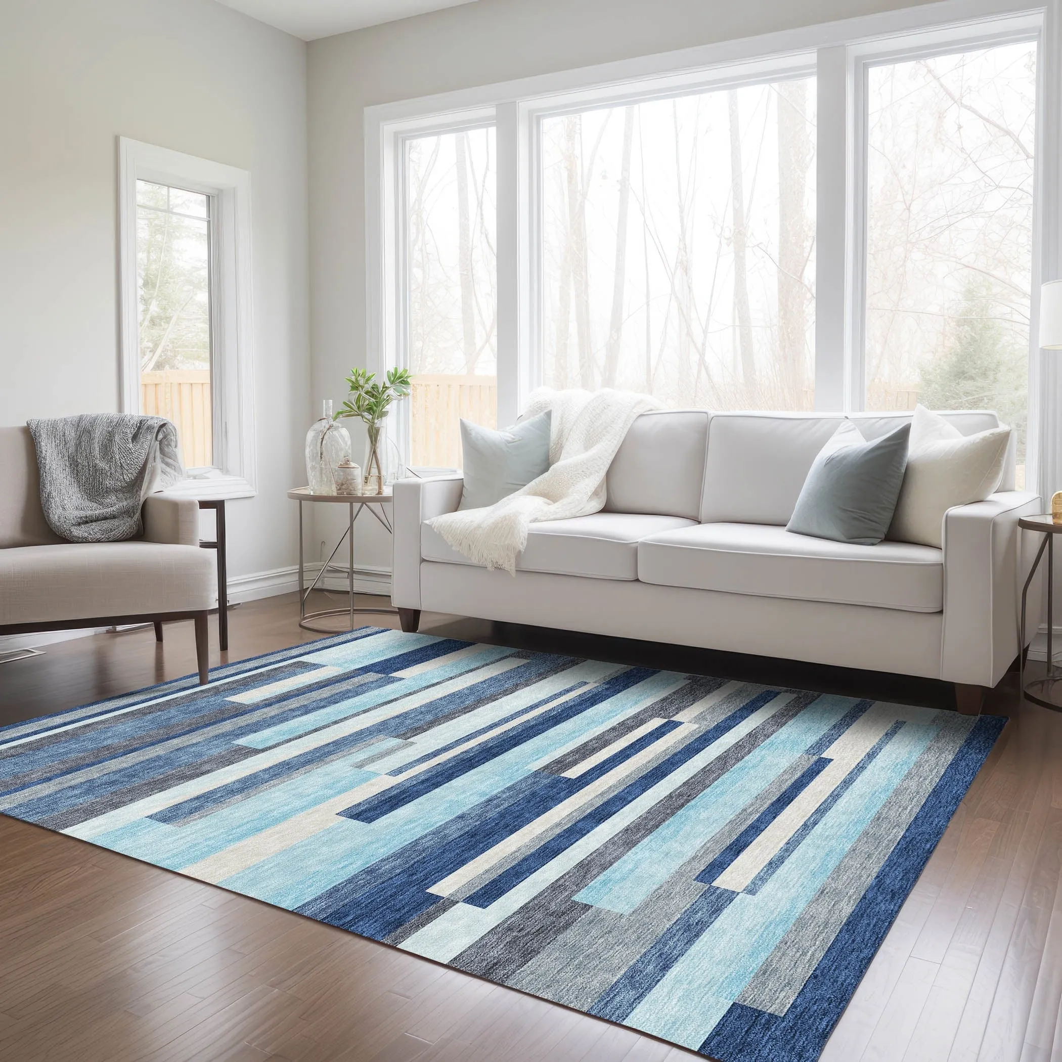 Machine Washable Indoor/ Outdoor Modern Stripes Chantille Rug