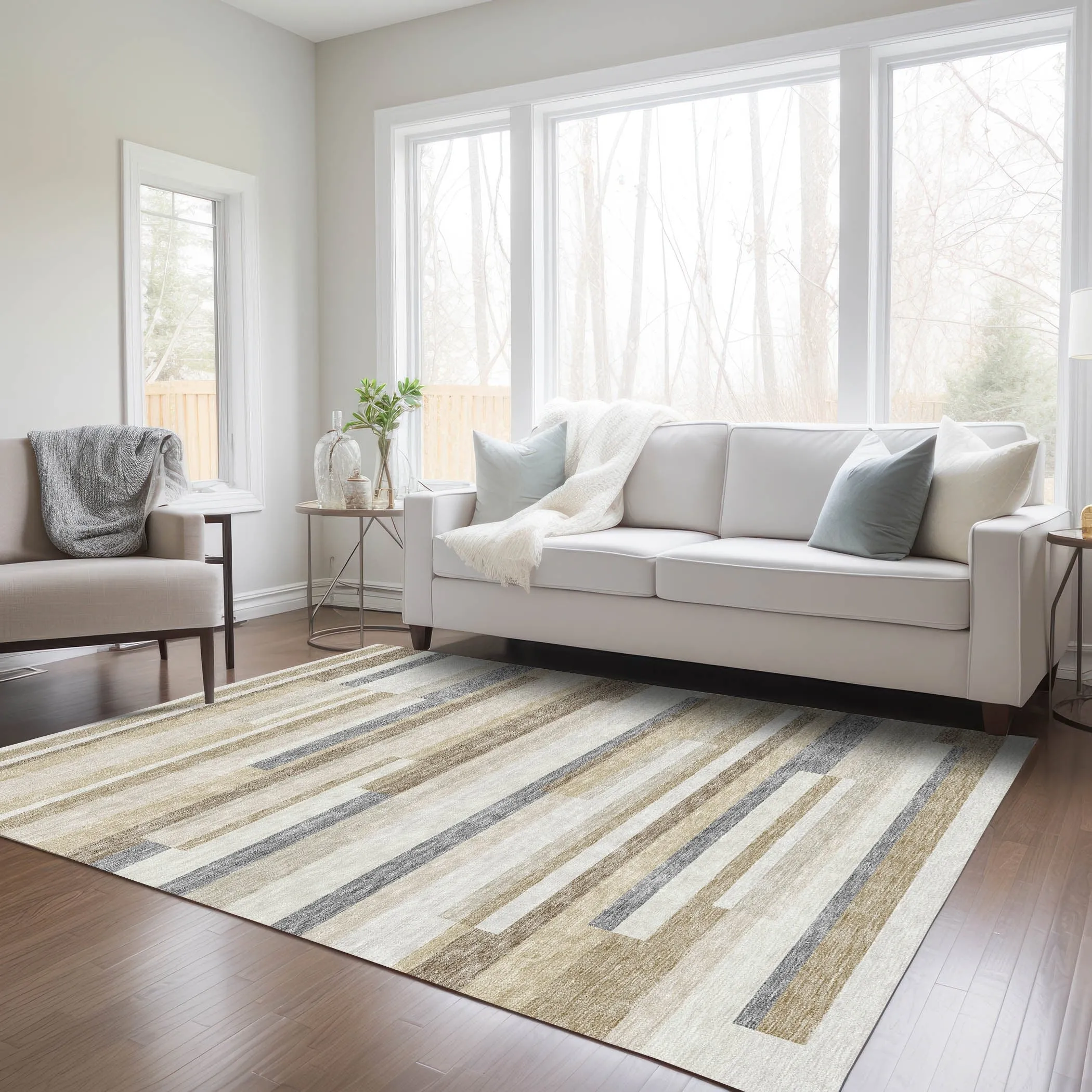 Machine Washable Indoor/ Outdoor Modern Stripes Chantille Rug