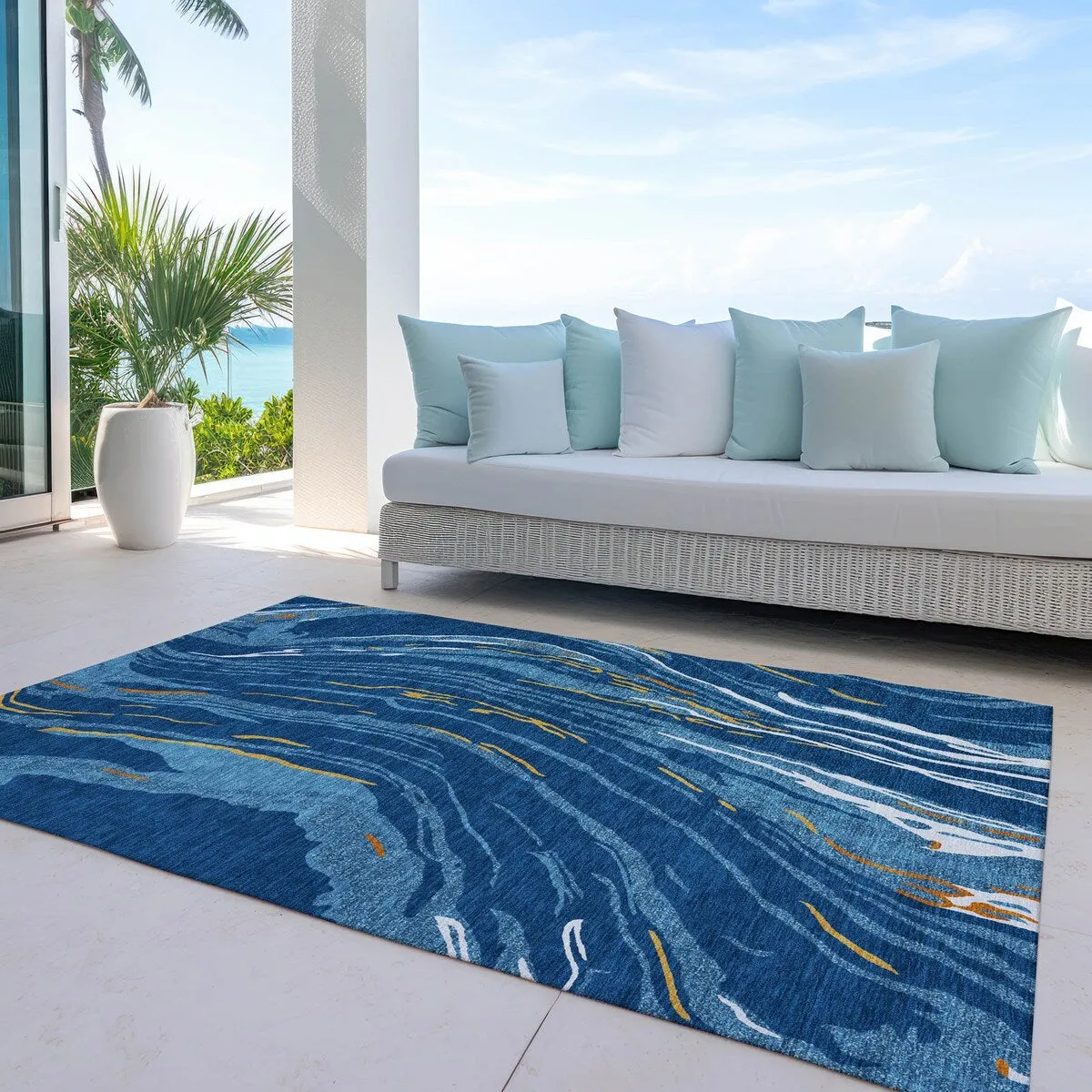 Machine Washable Indoor/ Outdoor Modern Wave Chantille Rug