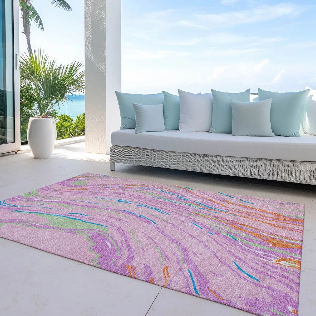Machine Washable Indoor/ Outdoor Modern Wave Chantille Rug