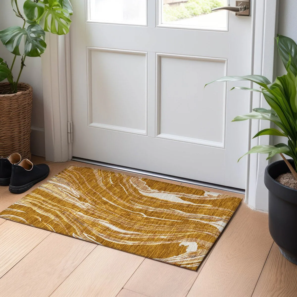 Machine Washable Indoor/ Outdoor Modern Wave Chantille Rug