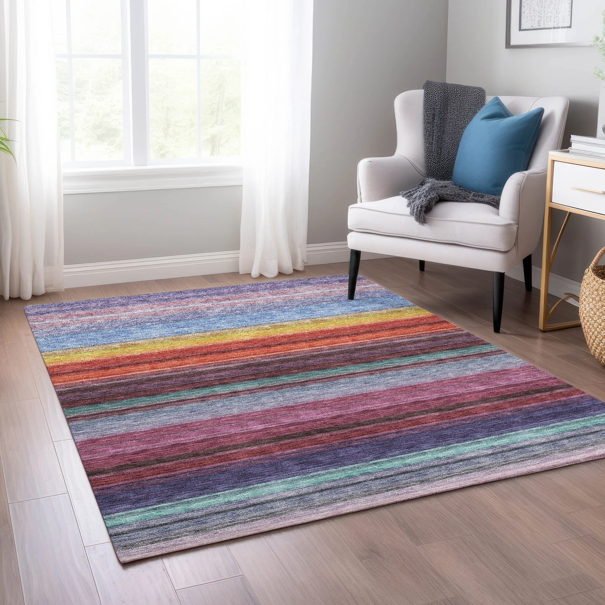 Machine Washable Indoor/ Outdoor Ombre Stripes Chantille Rug
