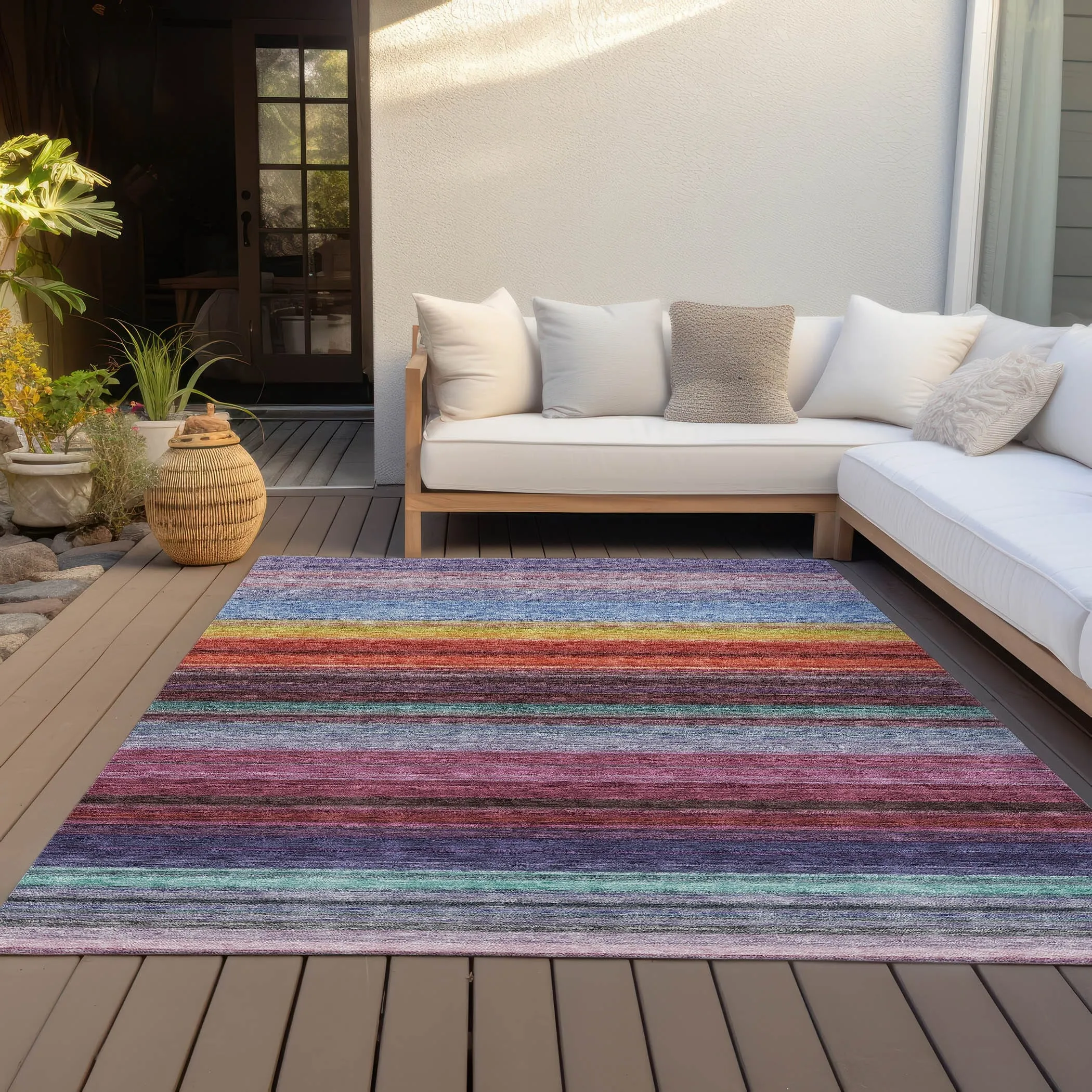 Machine Washable Indoor/ Outdoor Ombre Stripes Chantille Rug