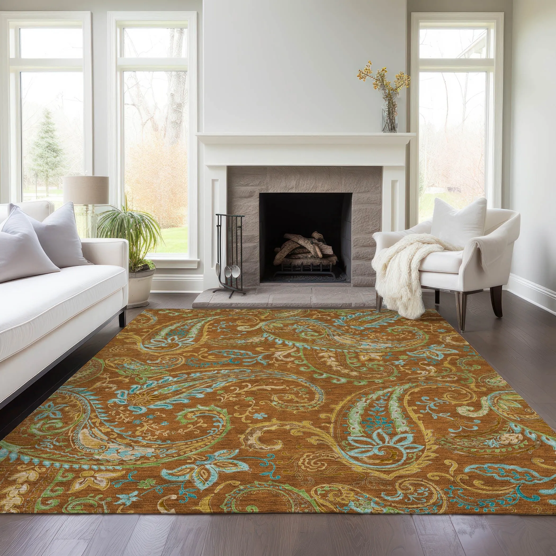 Machine Washable Indoor/ Outdoor Paisley Chantille Rug