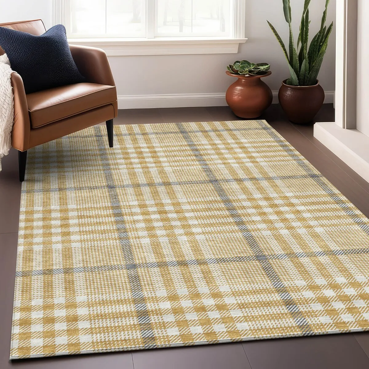 Machine Washable Indoor/ Outdoor Plaid Chantille Rug
