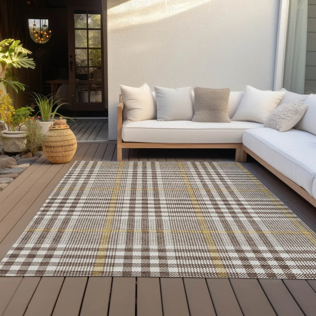 Machine Washable Indoor/ Outdoor Plaid Chantille Rug