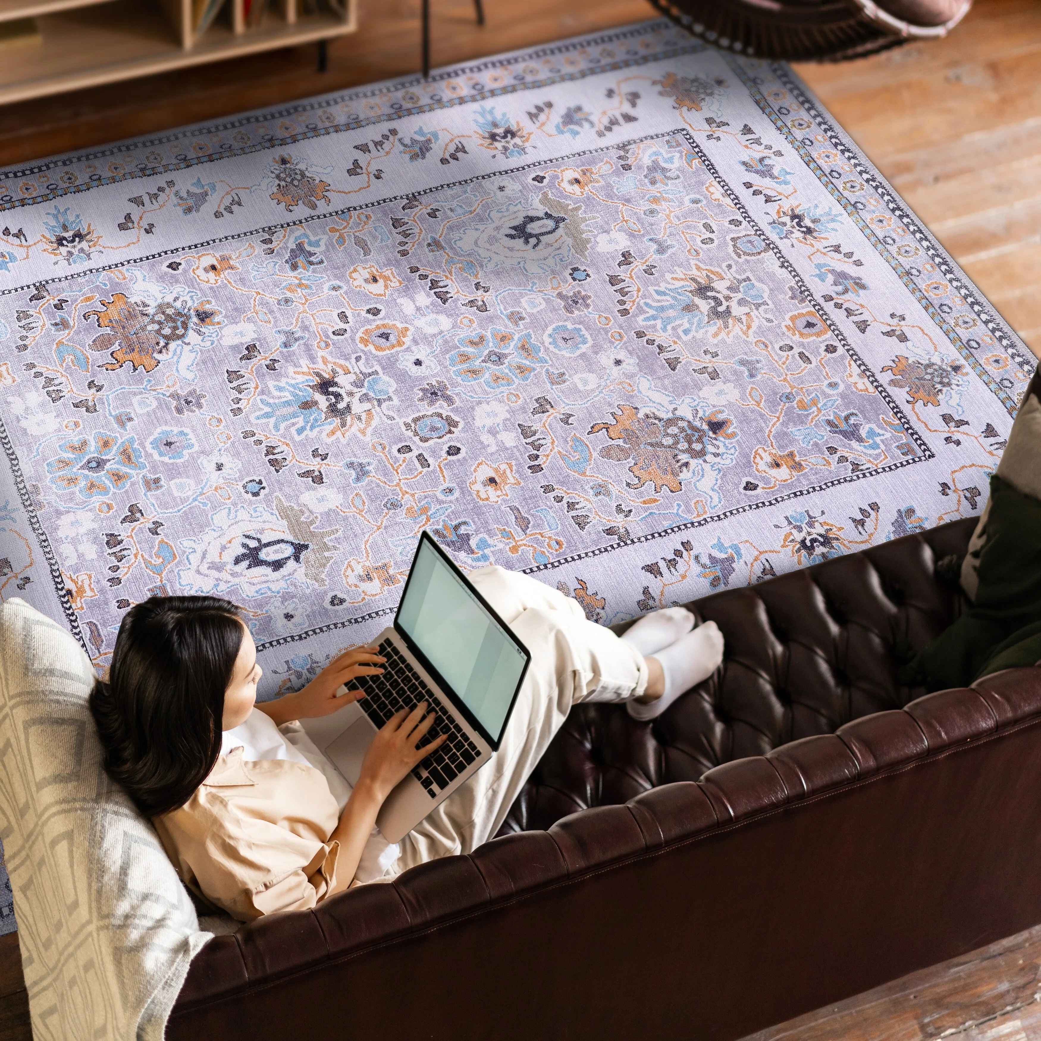 Machine Washable Indoor Rug Floral Pattern Stain Free for Indoor Living Room Bedroom Office Area Rug