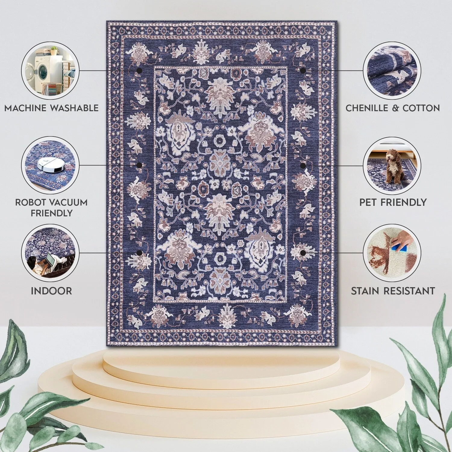 Machine Washable Indoor Rug Floral Pattern Stain Free for Indoor Living Room Bedroom Office Area Rug