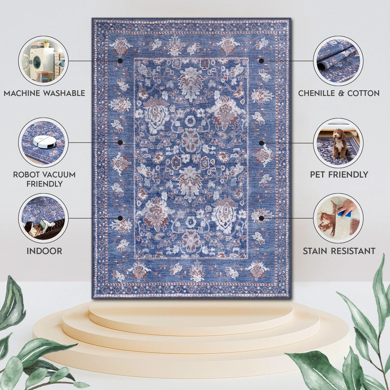 Machine Washable Indoor Rug Floral Pattern Stain Free for Indoor Living Room Bedroom Office Area Rug