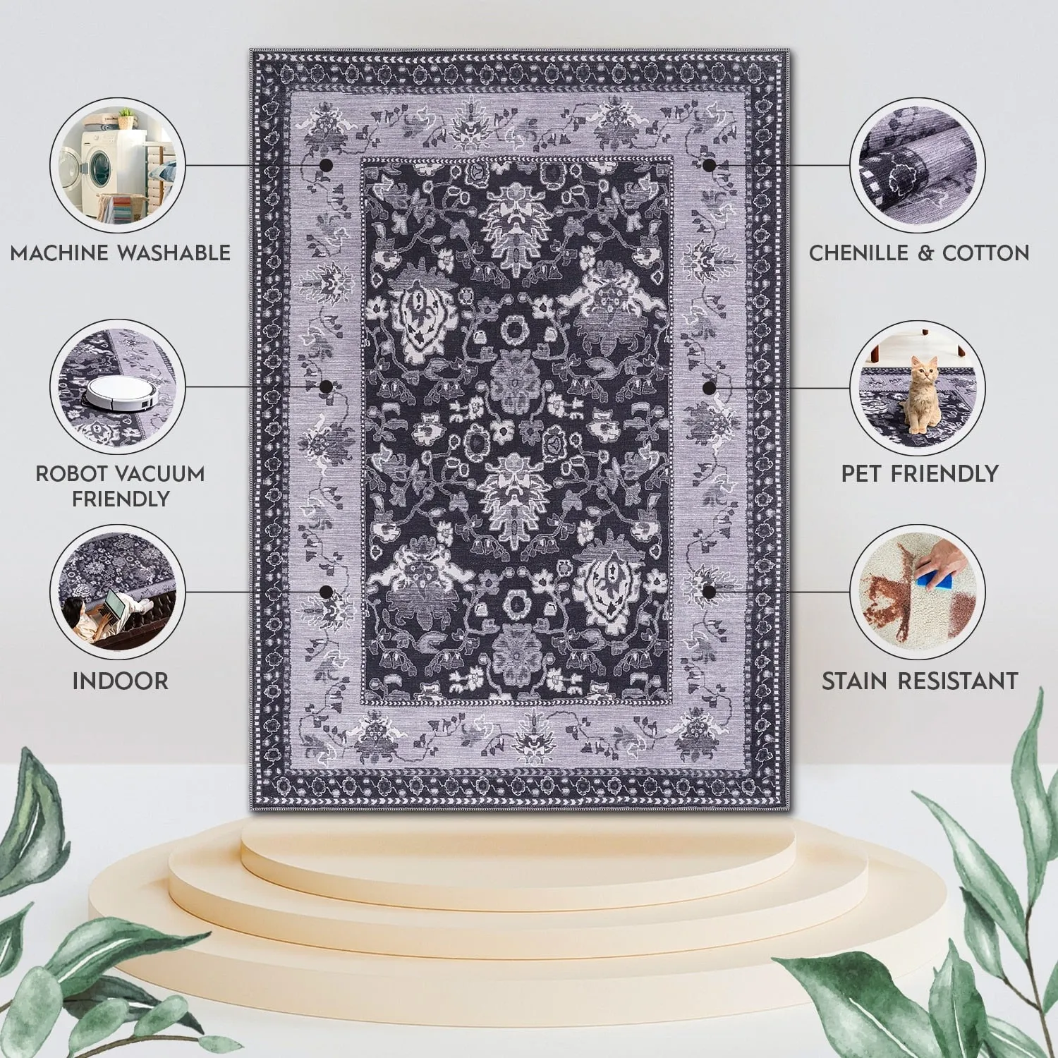 Machine Washable Indoor Rug Floral Pattern Stain Free for Indoor Living Room Bedroom Office Area Rug