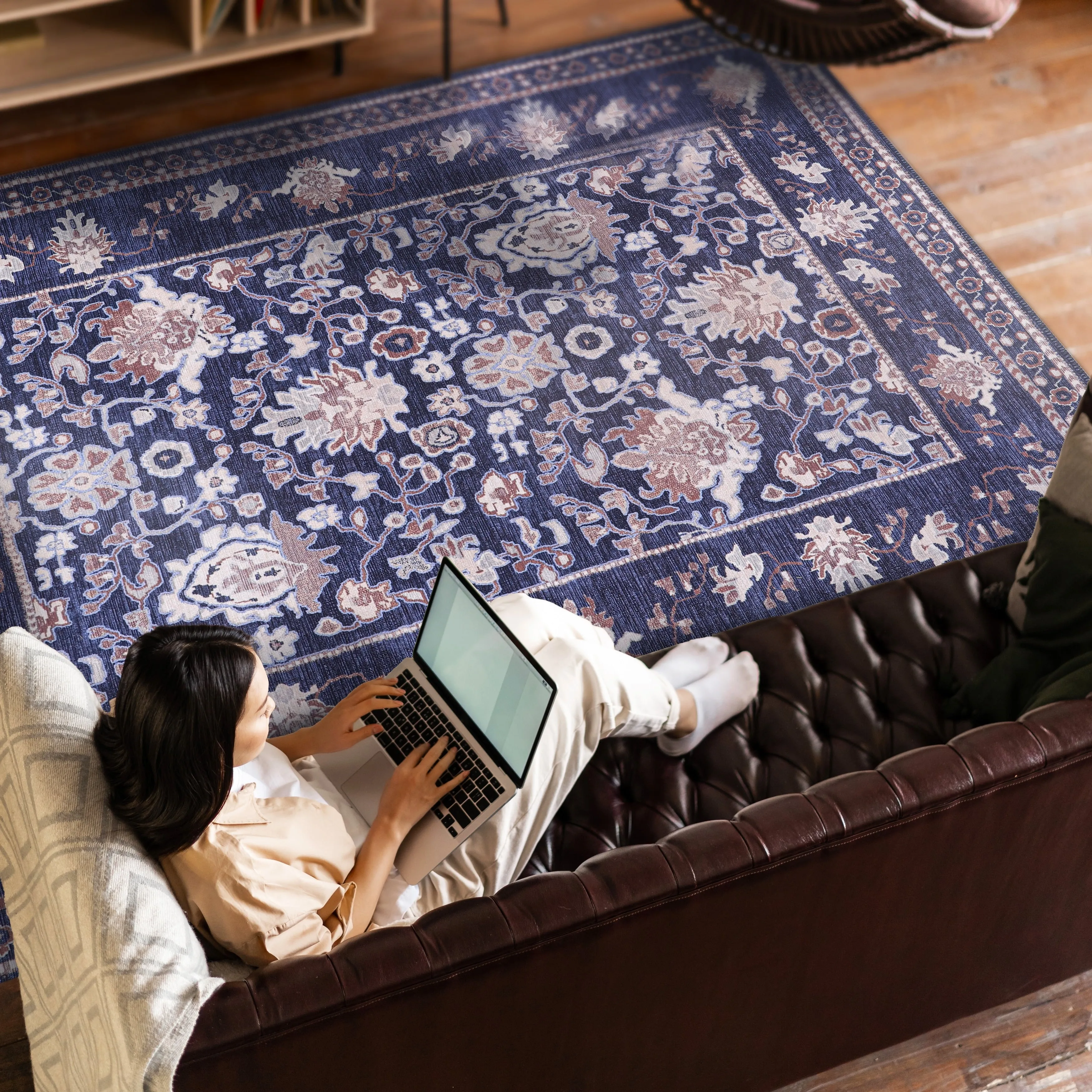 Machine Washable Indoor Rug Floral Pattern Stain Free for Indoor Living Room Bedroom Office Area Rug