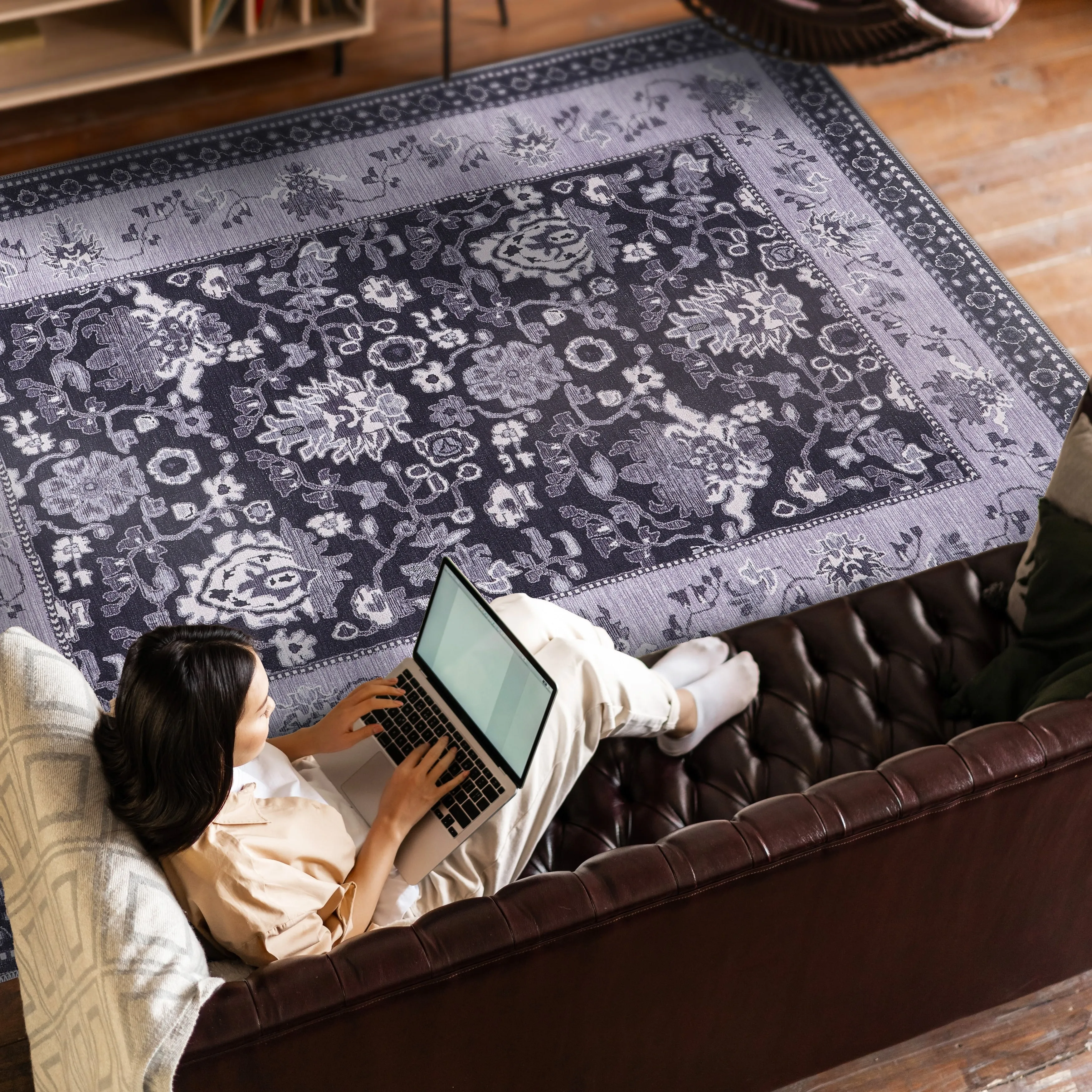 Machine Washable Indoor Rug Floral Pattern Stain Free for Indoor Living Room Bedroom Office Area Rug