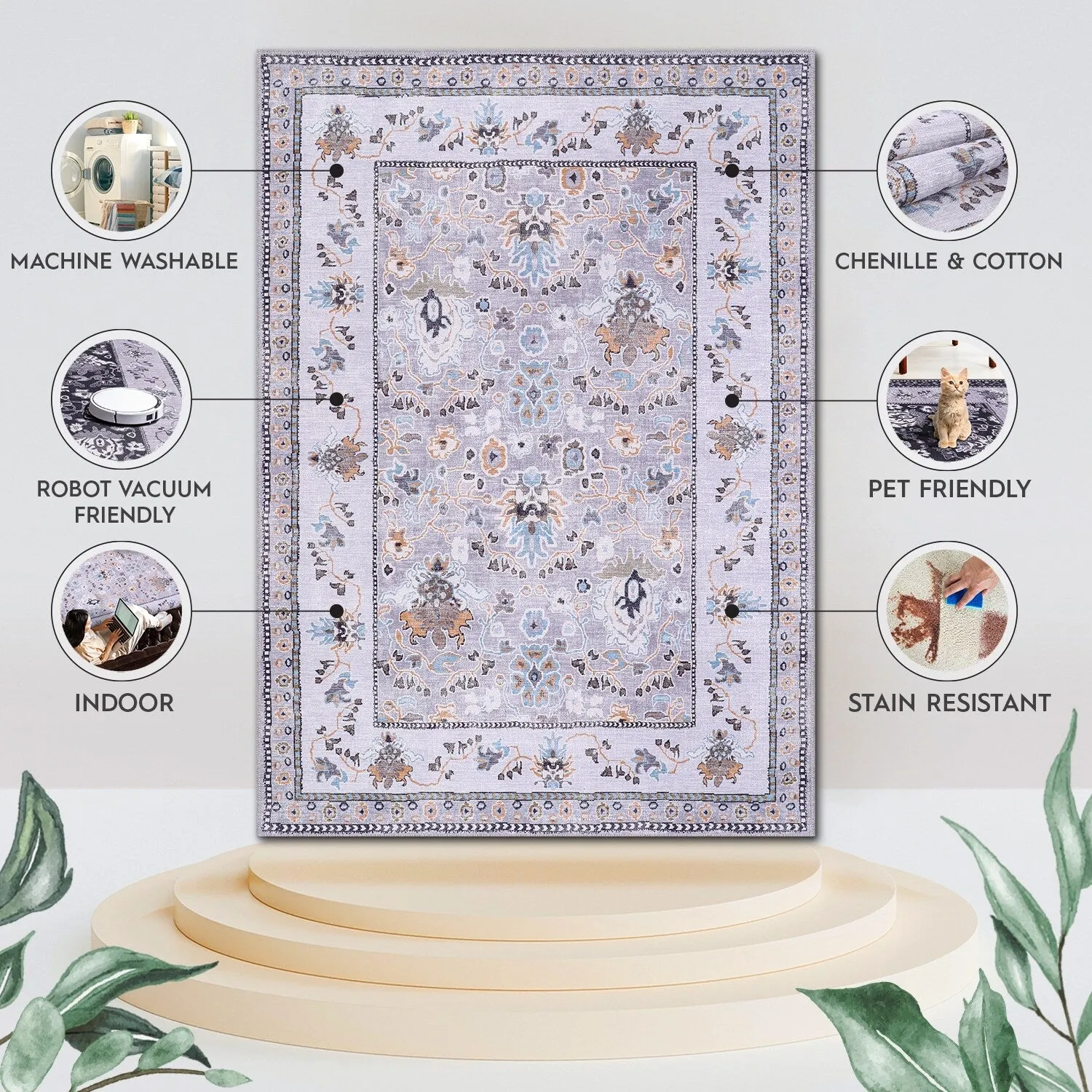 Machine Washable Indoor Rug Floral Pattern Stain Free for Indoor Living Room Bedroom Office Area Rug