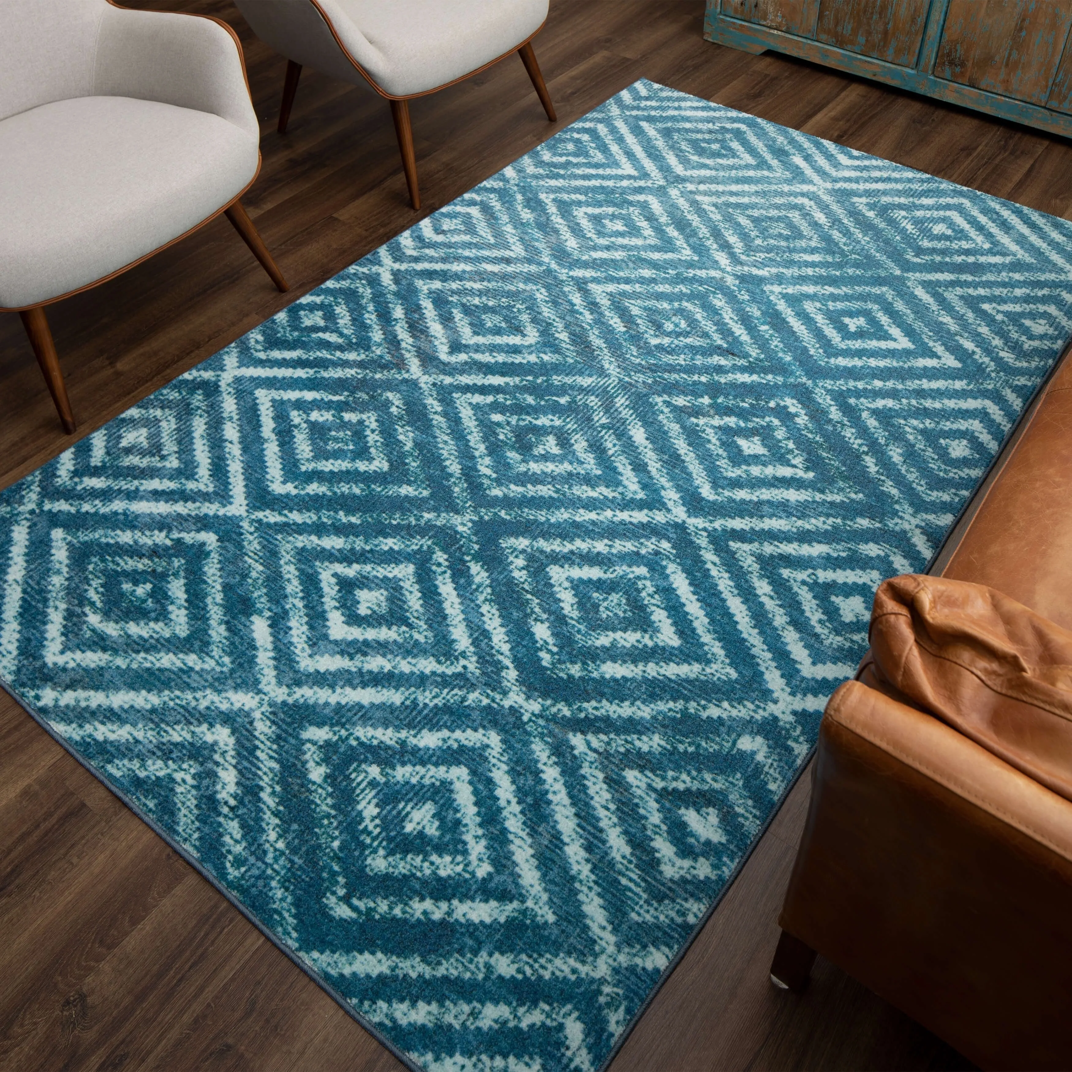 Mohawk Home Teal Geometric Distressed Diamond Area Rug