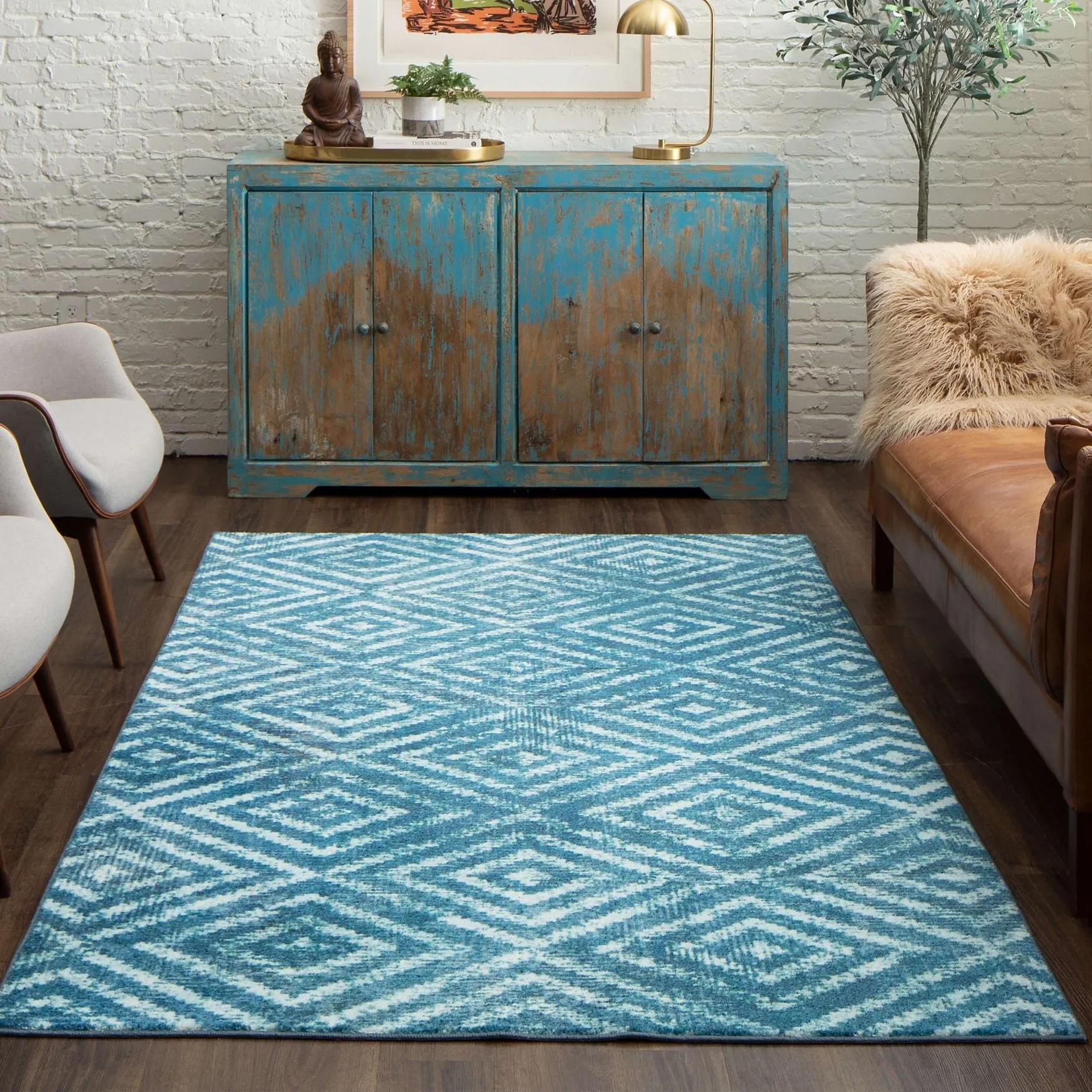 Mohawk Home Teal Geometric Distressed Diamond Area Rug