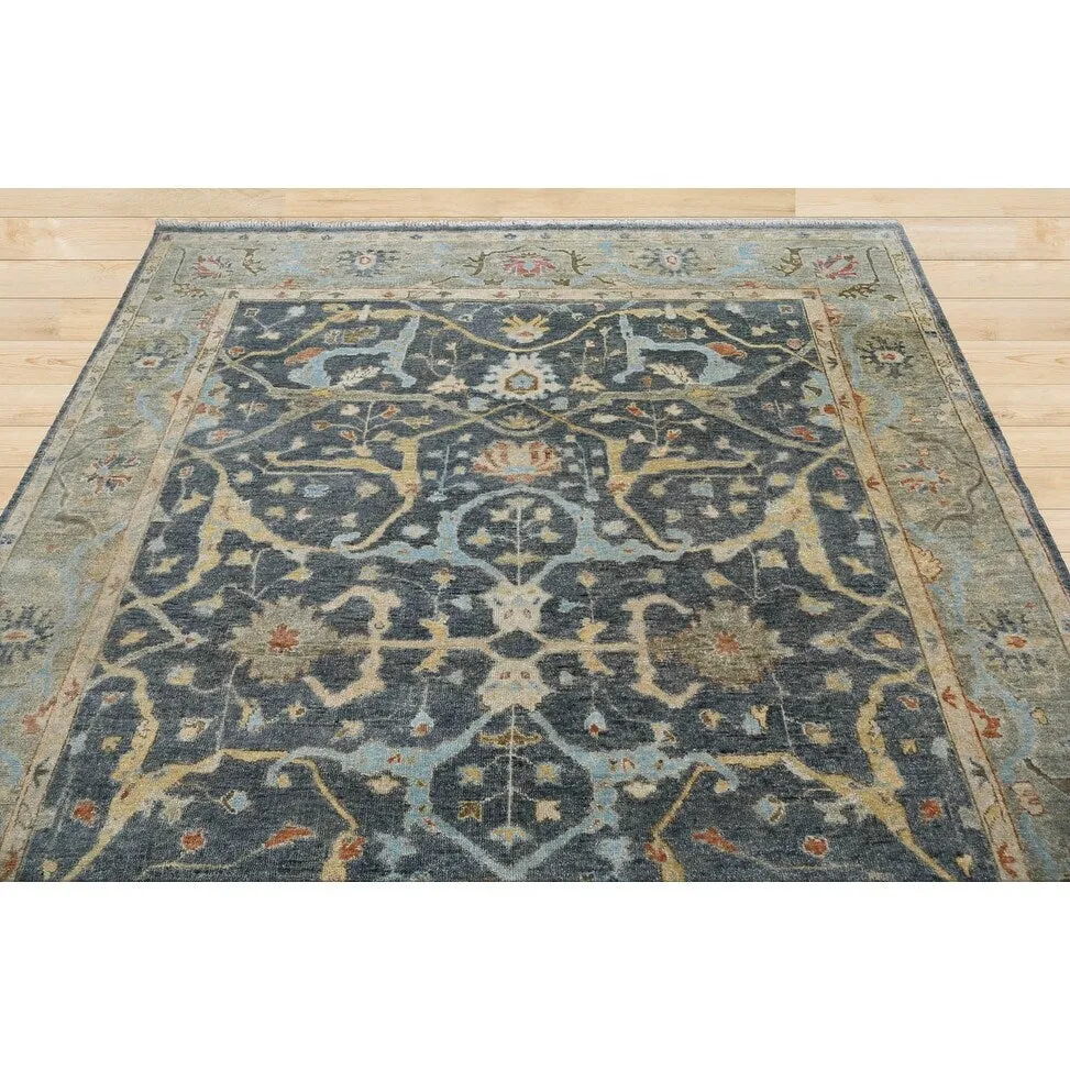 Multi Size Blue Hand Knotted Oushak Wool Area Rug Traditional Design